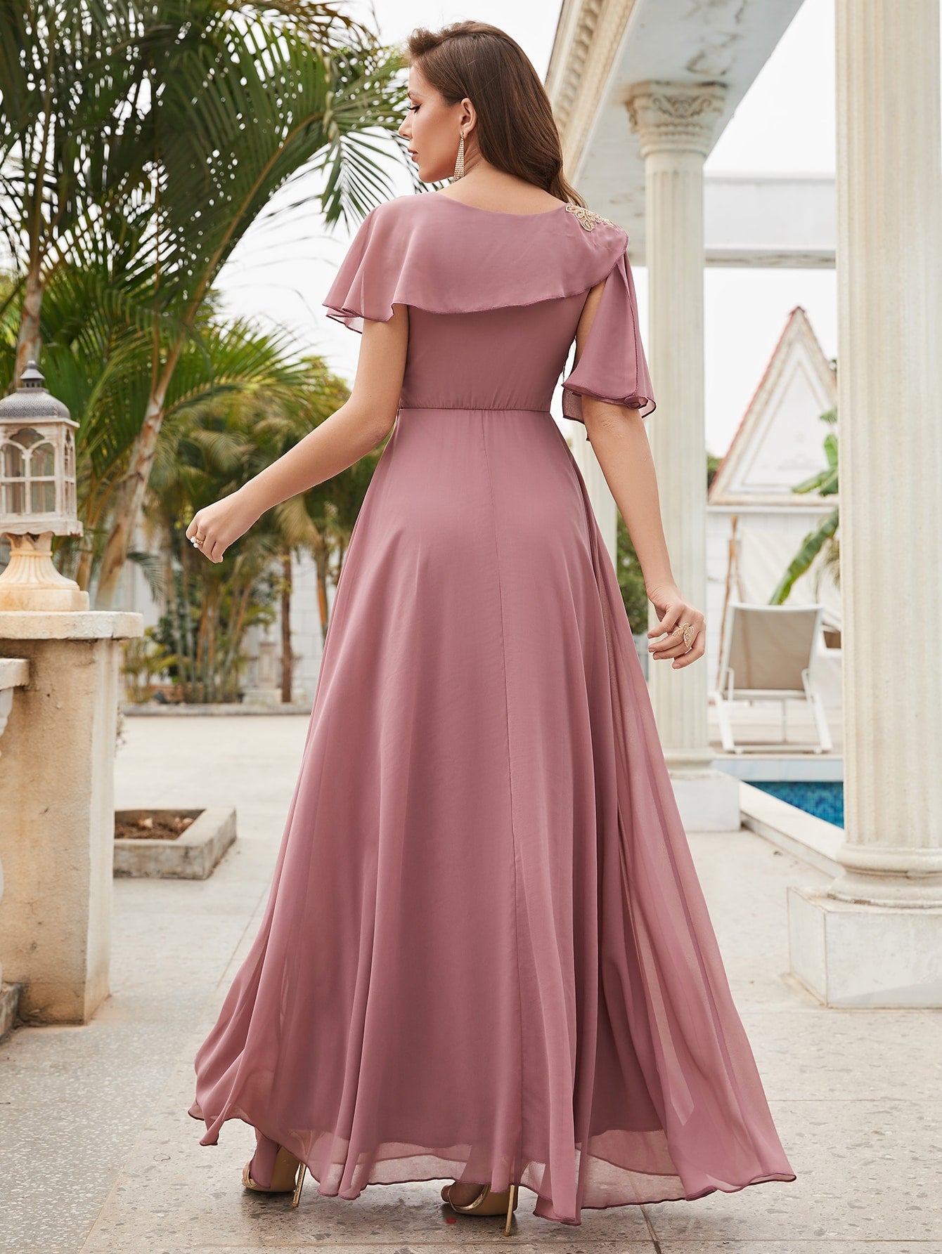 Ruched Ruffle Trim Chiffon Bridesmaid Dress
