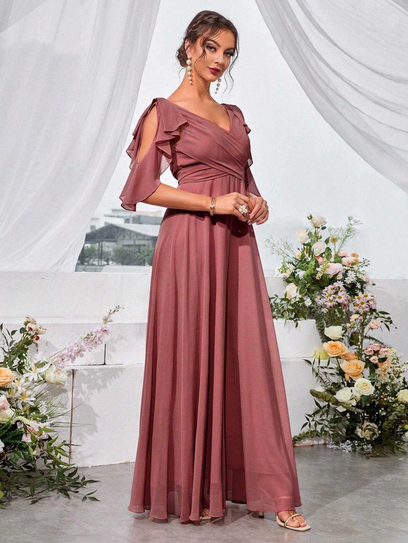 Ruffle Trim Cold Shoulder Tie Back Chiffon Maxi Bridesmaid Dress