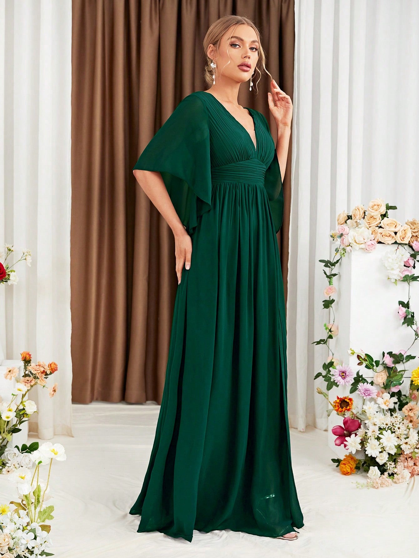 Butterfly Sleeve Popover Split Thigh Chiffon Bridesmaid Dress