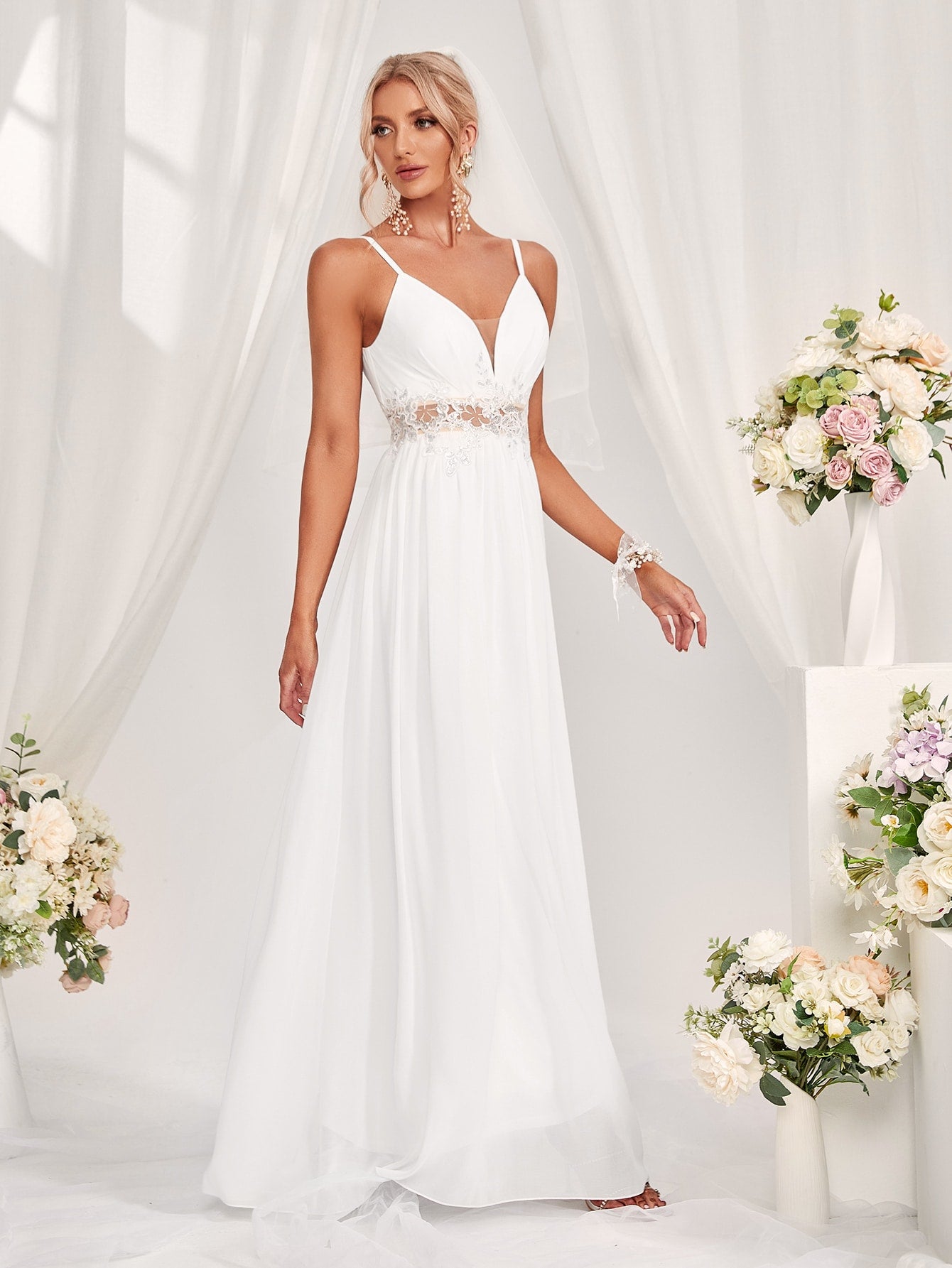 Contrast Lace Zipper Back Cami Wedding Dress