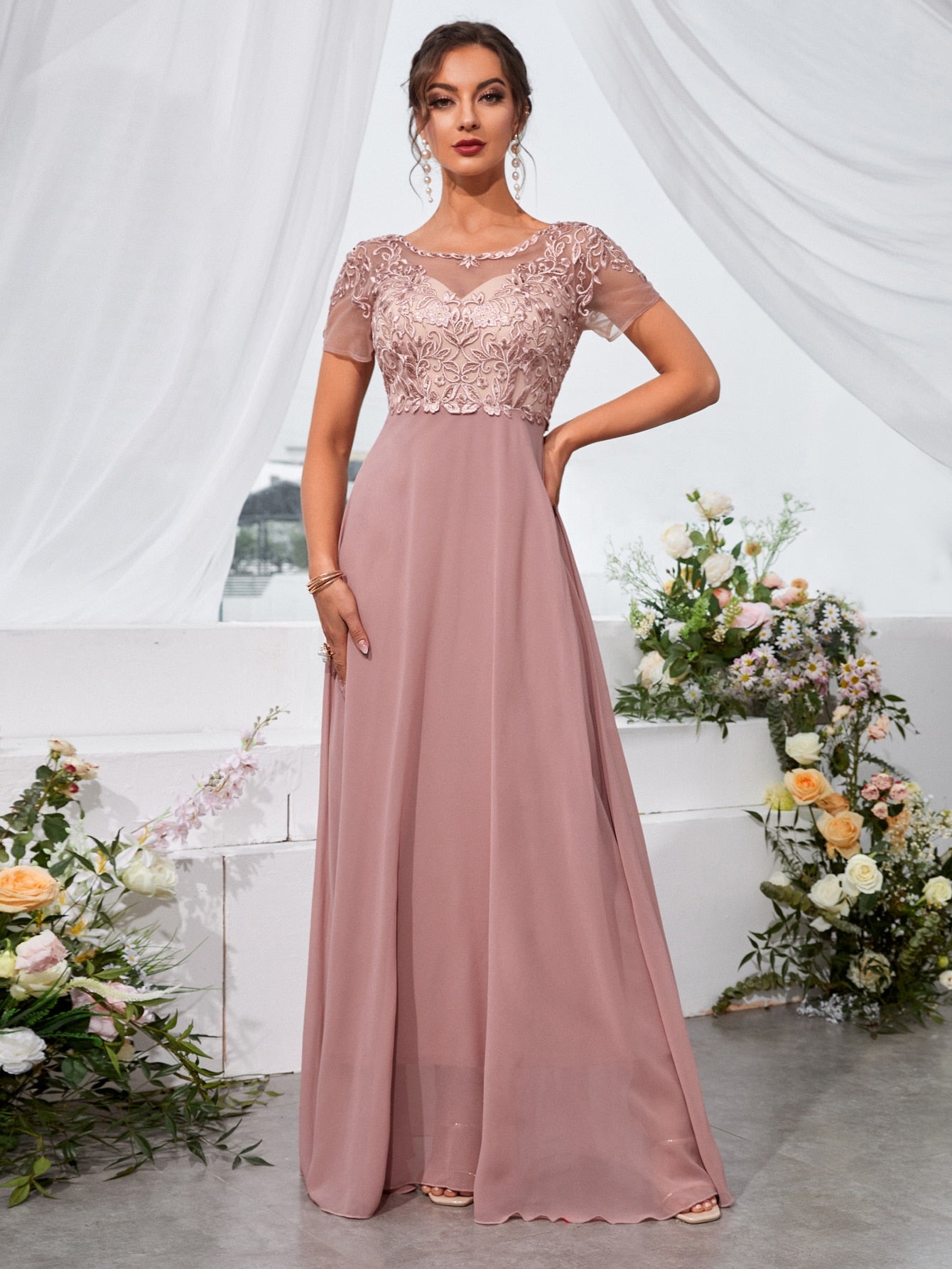 Floral Embroidery Chiffon Bridesmaid Dress
