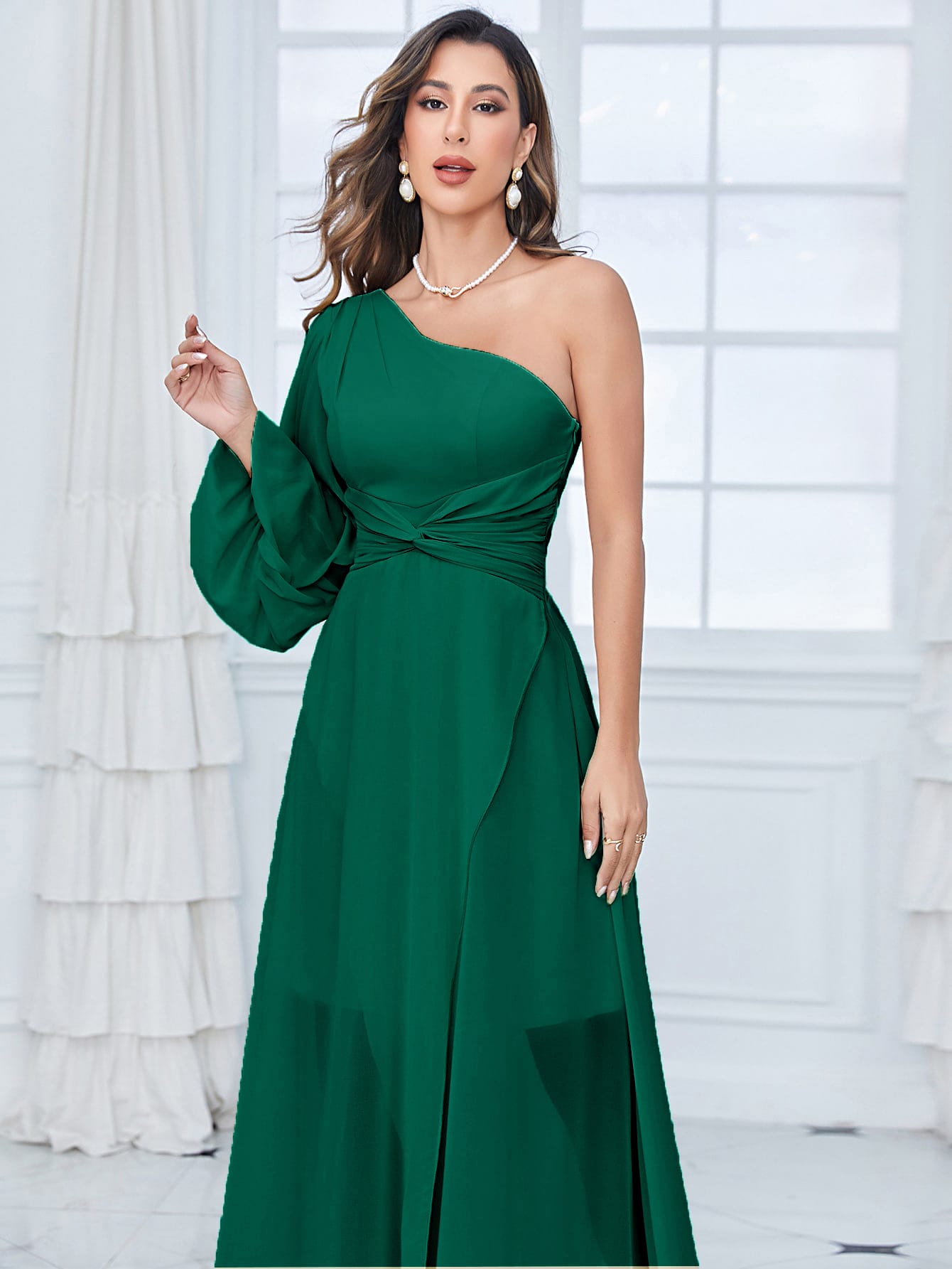 One Shoulder Lantern Sleeve Twist Front Split Thigh Chiffon Bridesmaid Dress