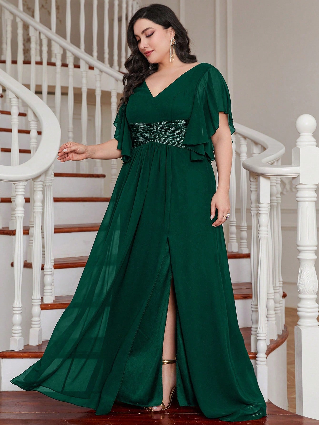 LUNE Plus Contrast Sequin Butterfly Sleeve Split Thigh Chiffon Bridesmaid Dress