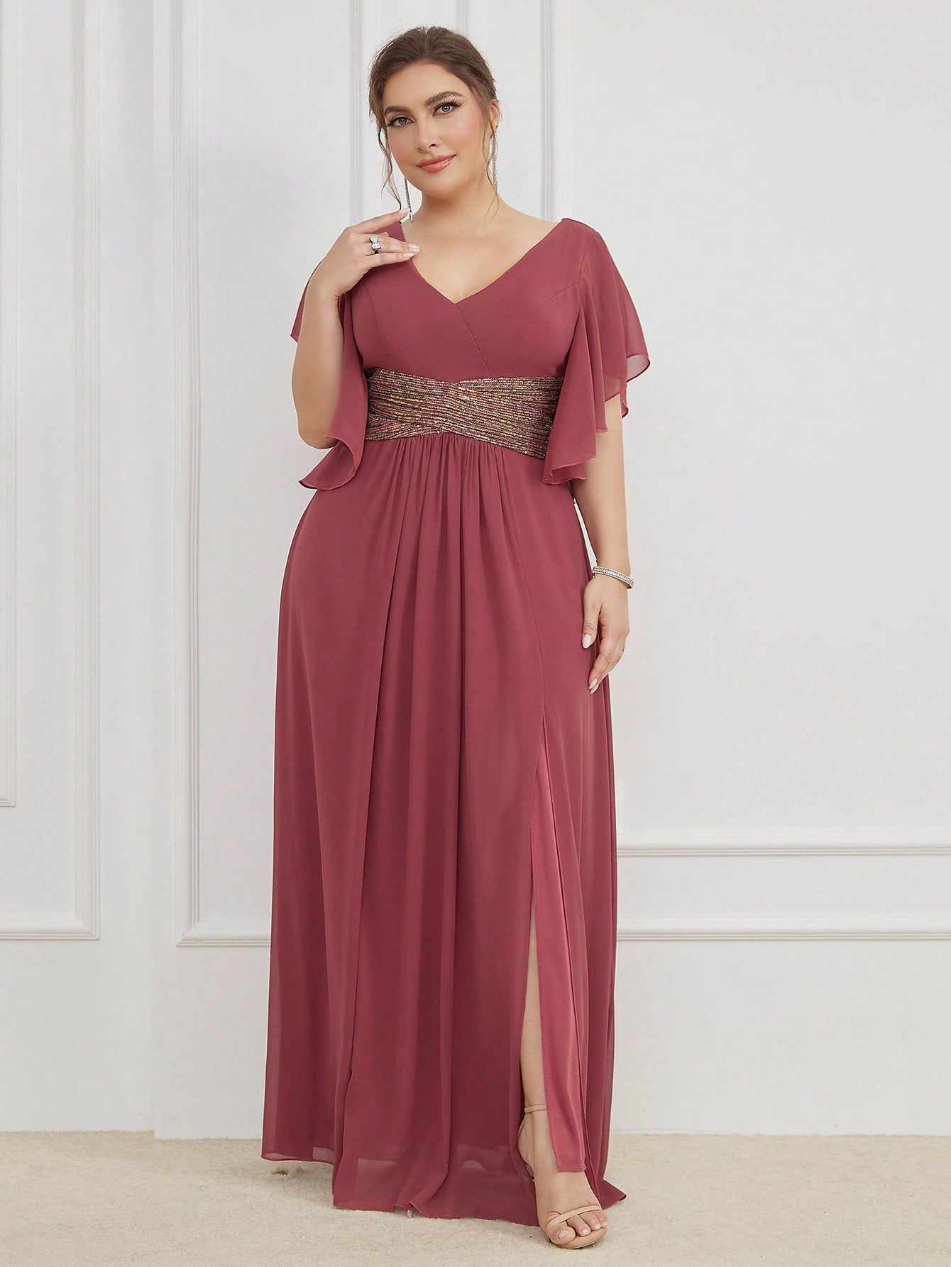 LUNE Plus Contrast Sequin Butterfly Sleeve Split Thigh Chiffon Bridesmaid Dress