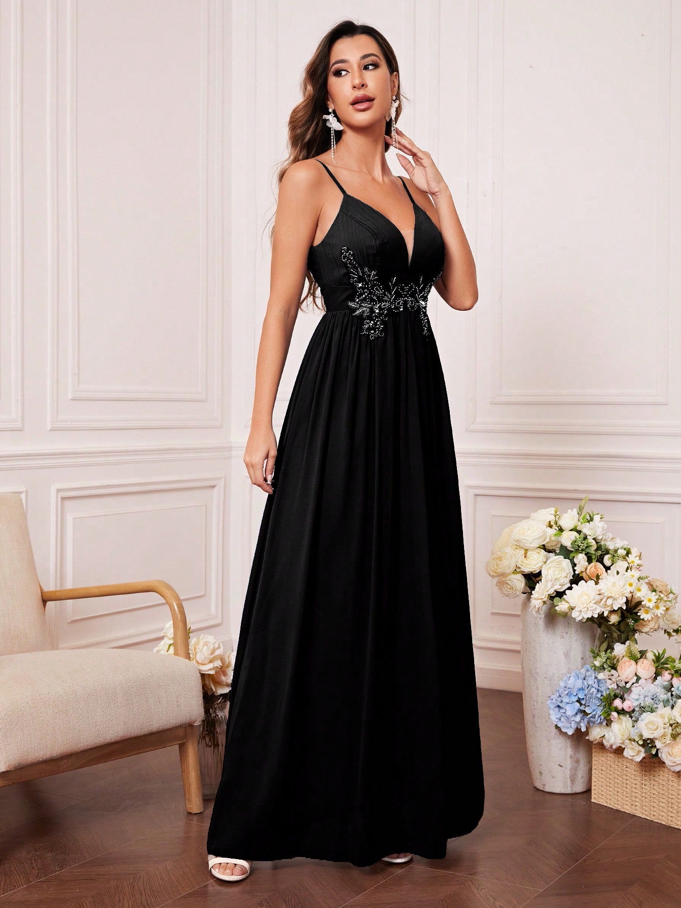 Solid Rhinestone Detail Split Thigh Chiffon Bridesmaid Dress