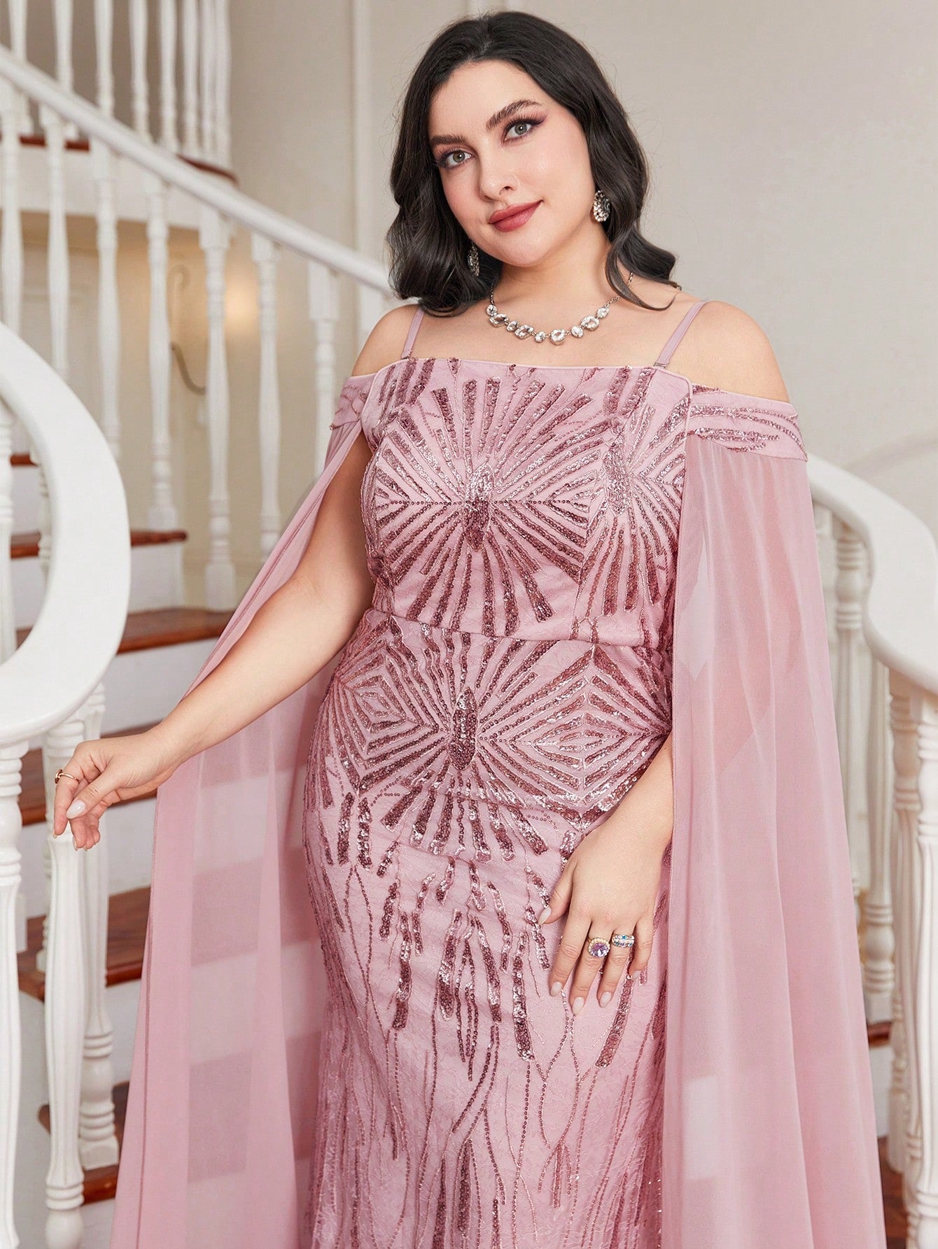 Plus Contrast Mesh Sequin Formal Dress