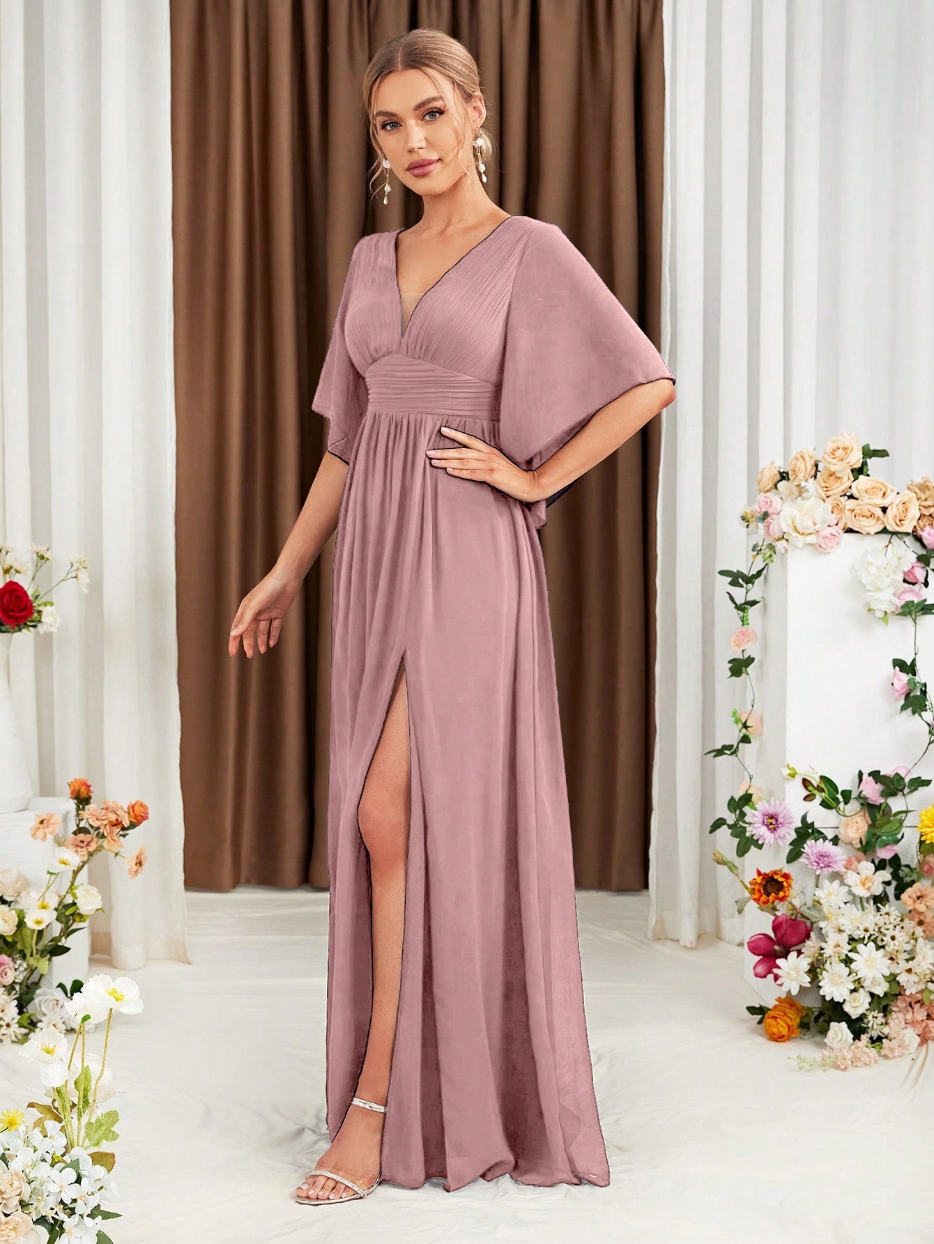 Butterfly Sleeve Popover Split Thigh Chiffon Bridesmaid Dress