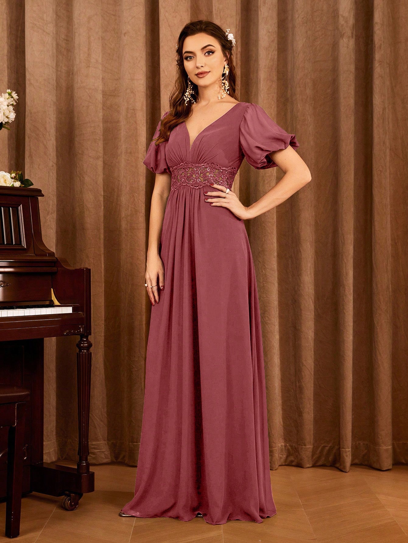 Contrast Lace Bishop Sleeve Bridesmaid Dress