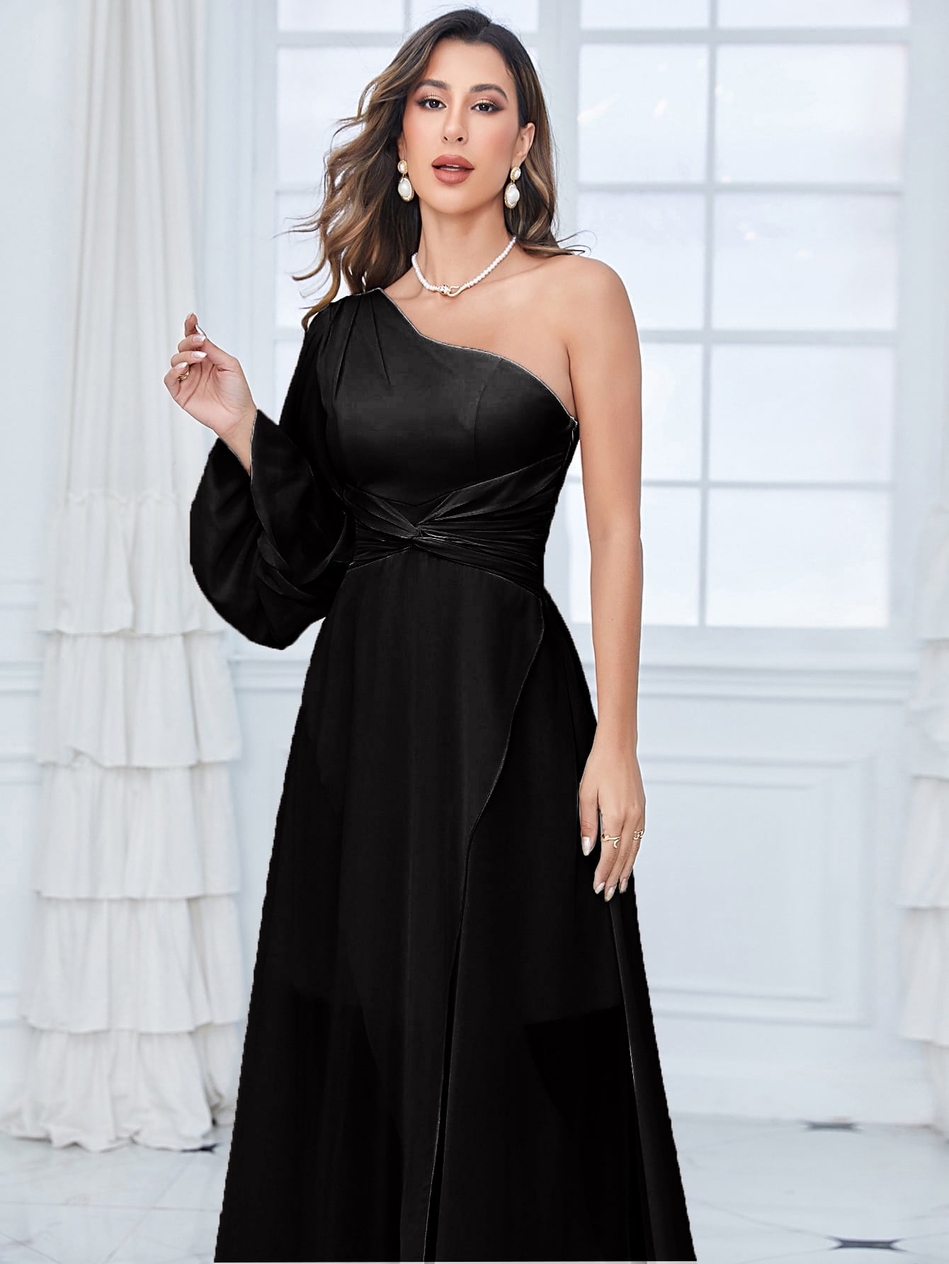 One Shoulder Lantern Sleeve Twist Front Split Thigh Chiffon Bridesmaid Dress
