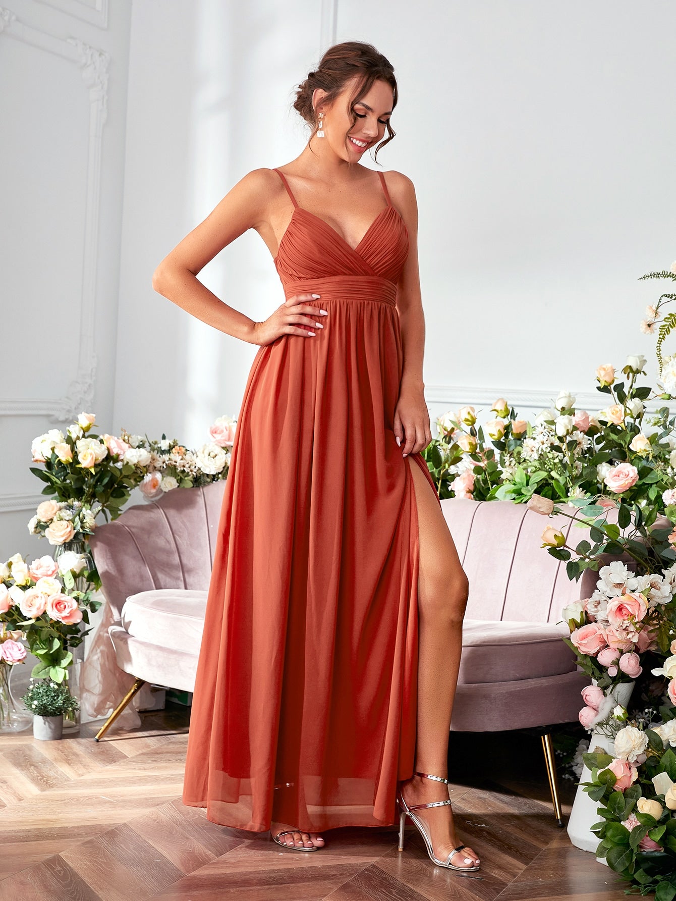 Ruched Split Thigh Chiffon Bridesmaid Dress
