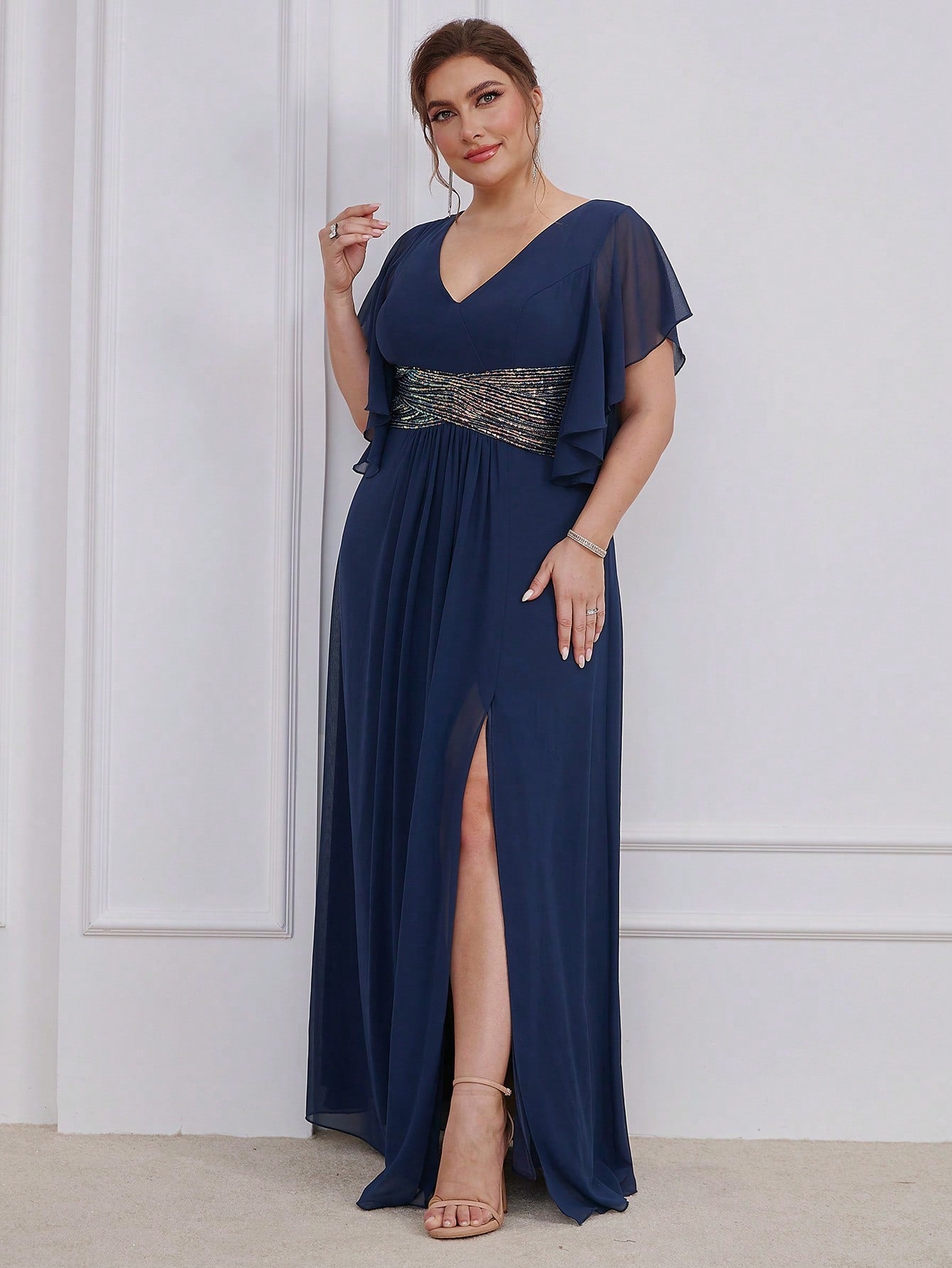 LUNE Plus Contrast Sequin Butterfly Sleeve Split Thigh Chiffon Bridesmaid Dress