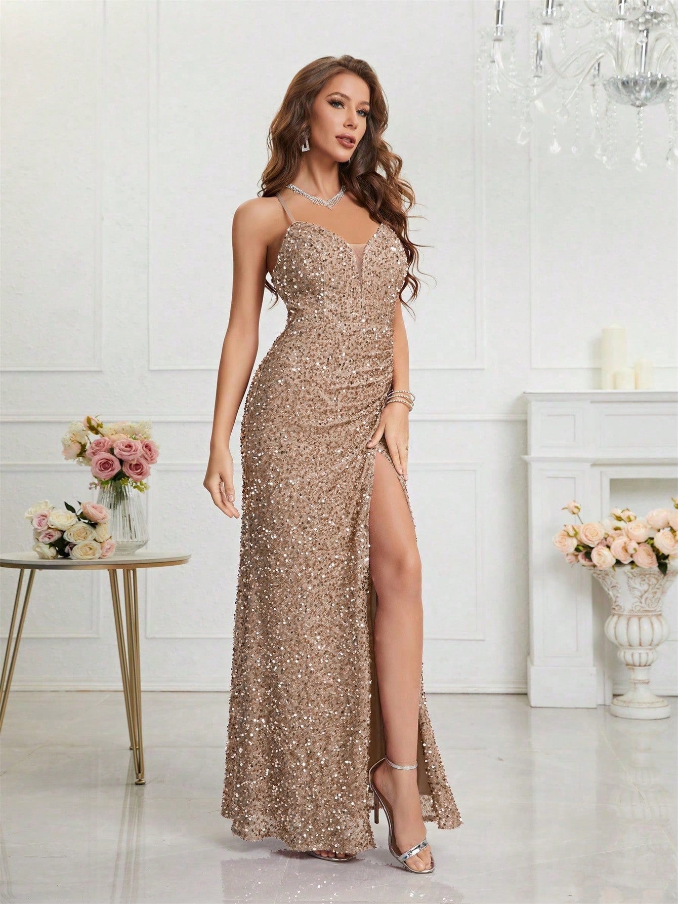 LUNE Split Thigh Sequin Formal Dress