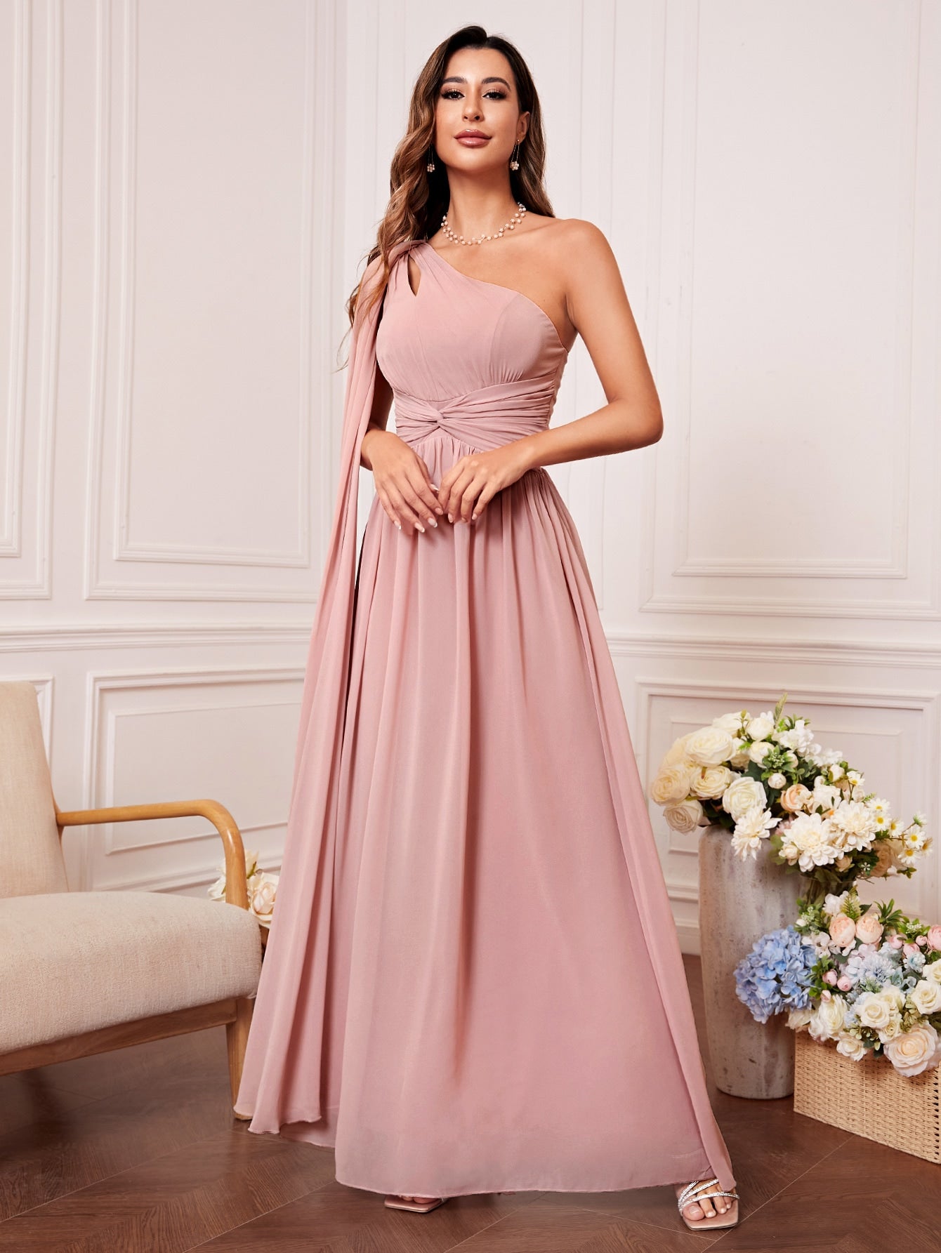 One Shoulder Cut Out Twist Front Bridesmaid Dress
