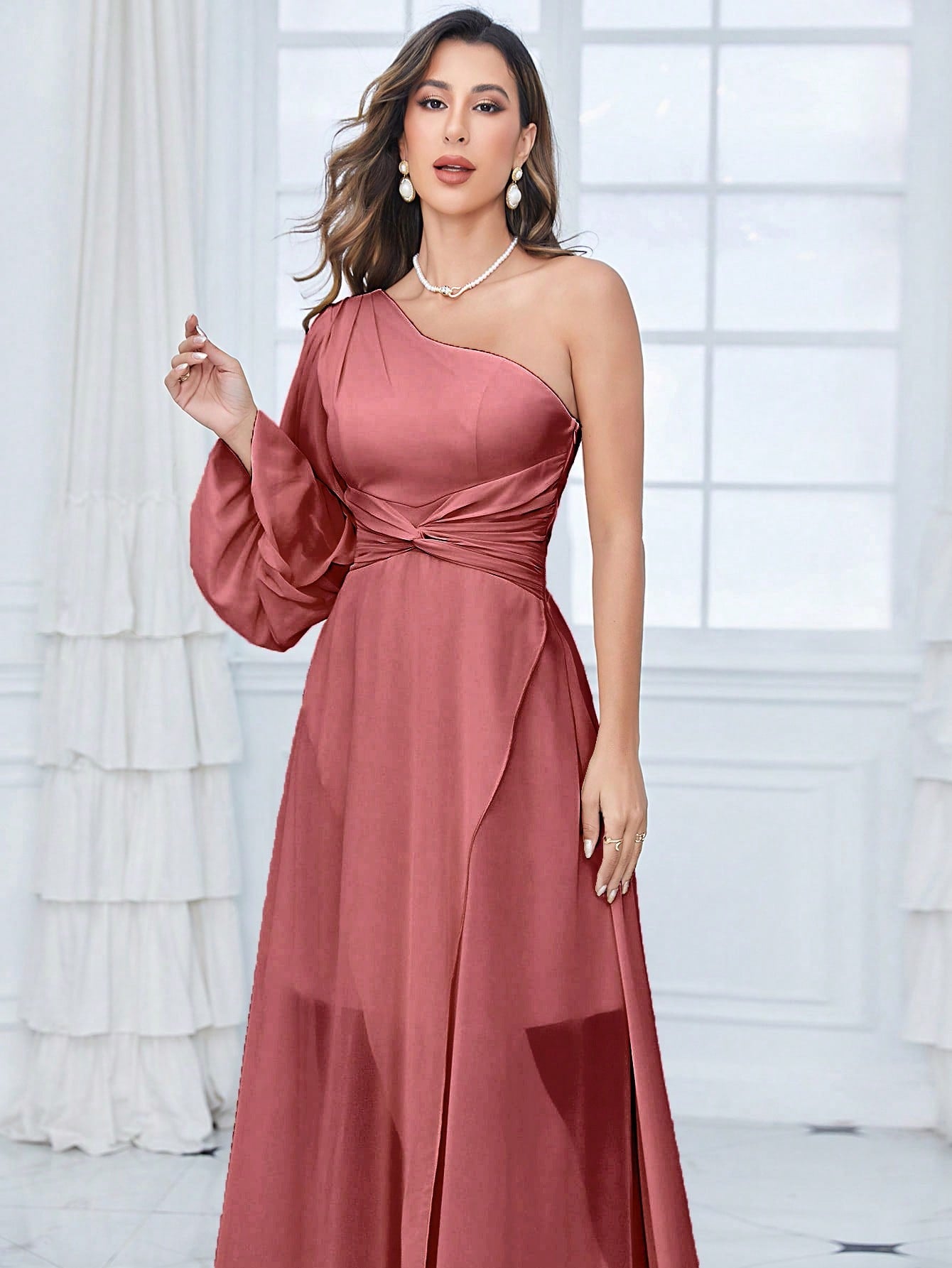 One Shoulder Lantern Sleeve Twist Front Split Thigh Chiffon Bridesmaid Dress