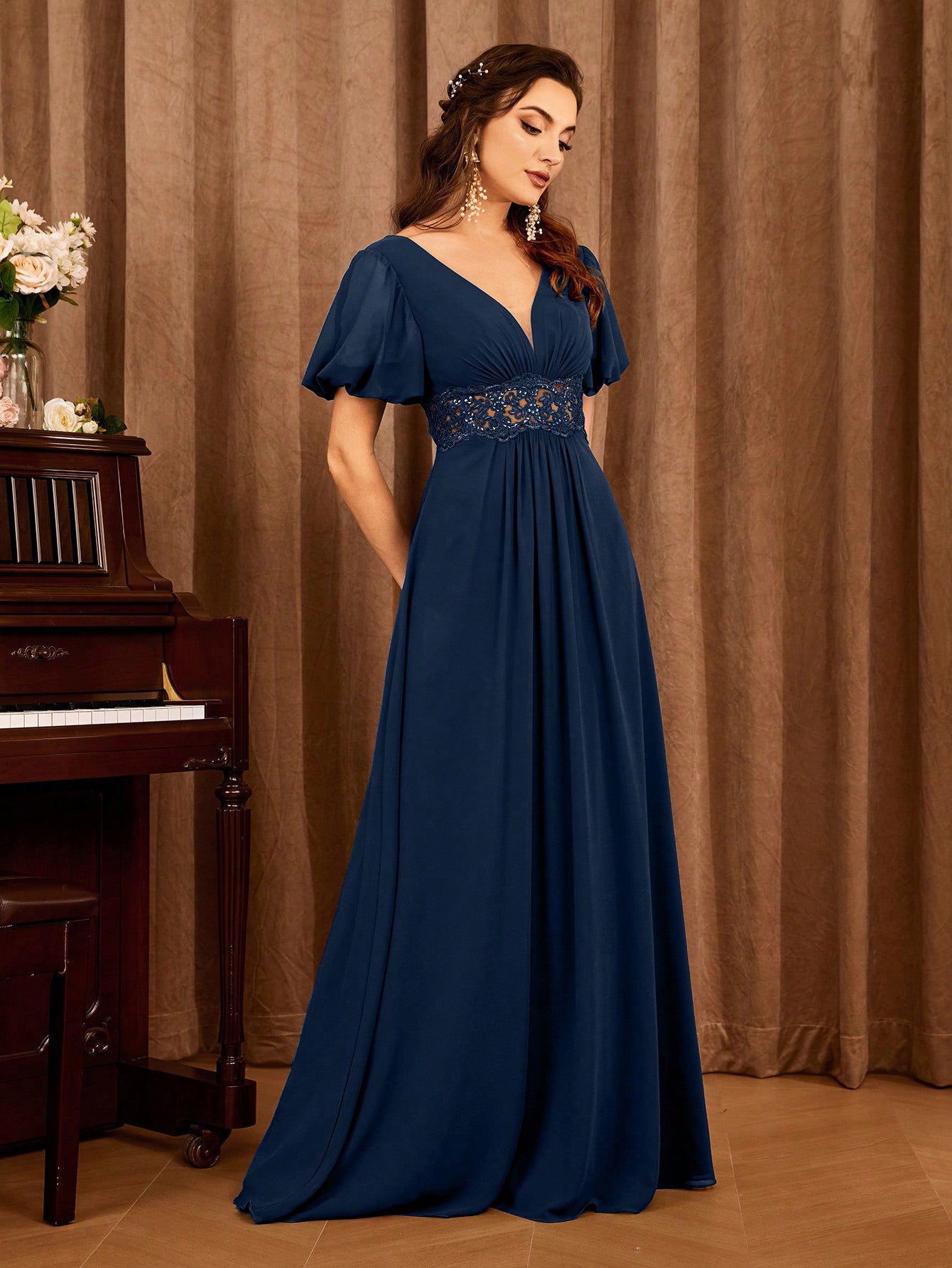 Contrast Lace Bishop Sleeve Bridesmaid Dress