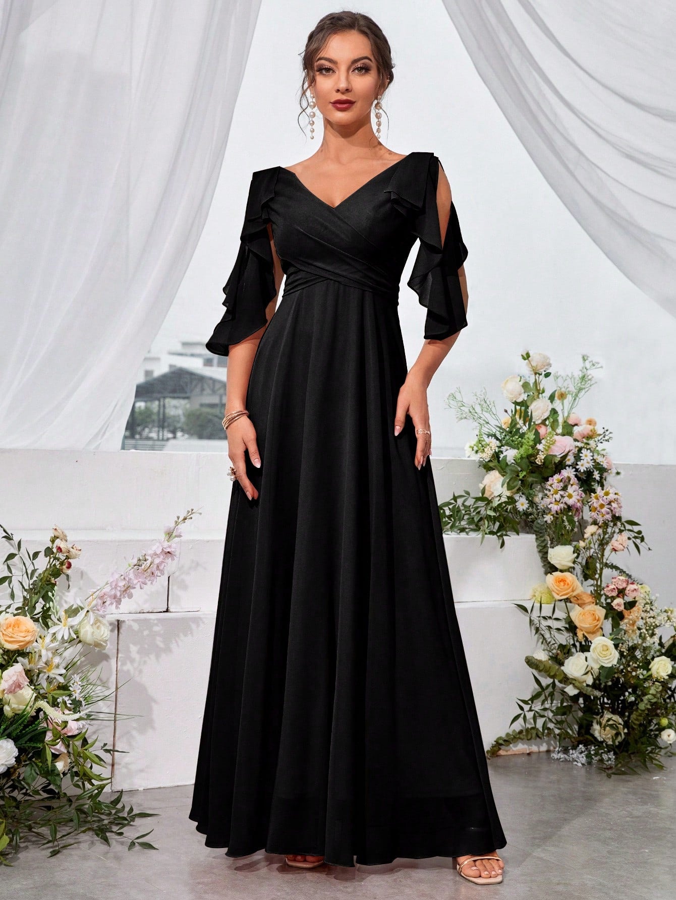 Ruffle Trim Cold Shoulder Tie Back Chiffon Maxi Bridesmaid Dress