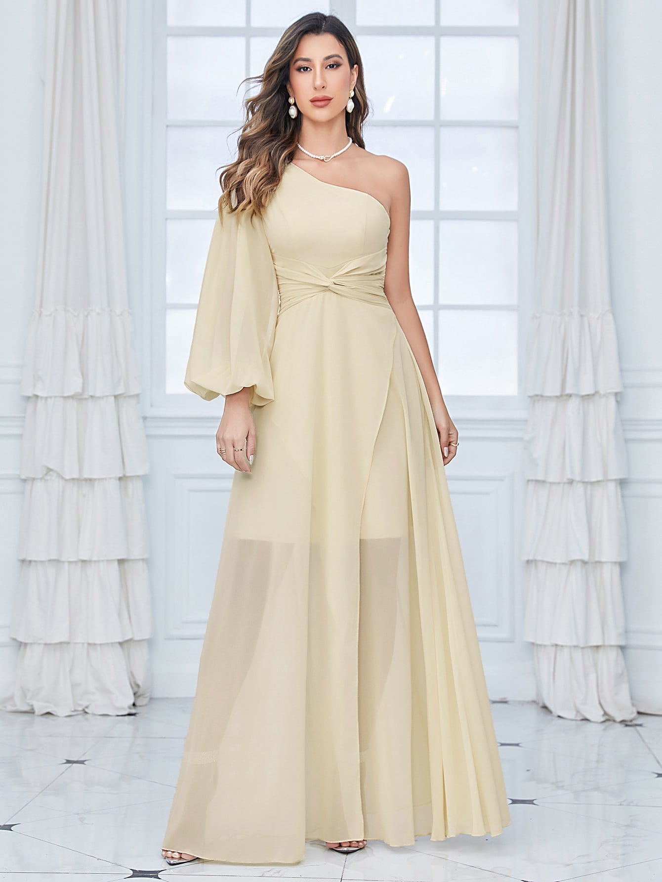 One Shoulder Lantern Sleeve Twist Front Split Thigh Chiffon Bridesmaid Dress