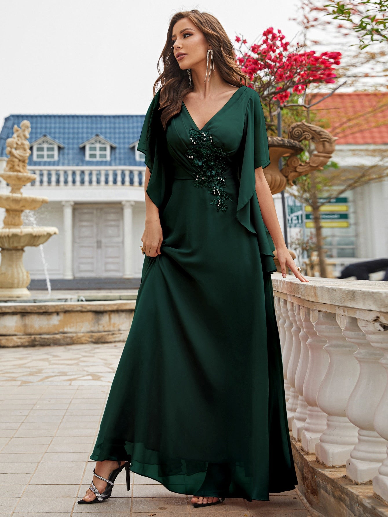 Pearls Detail Butterfly Sleeve Chiffon Bridesmaid Dress