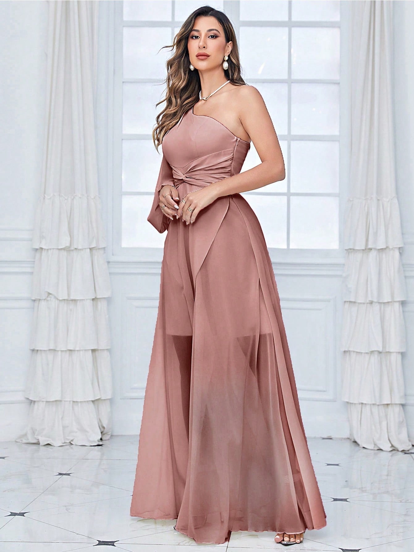 One Shoulder Lantern Sleeve Twist Front Split Thigh Chiffon Bridesmaid Dress