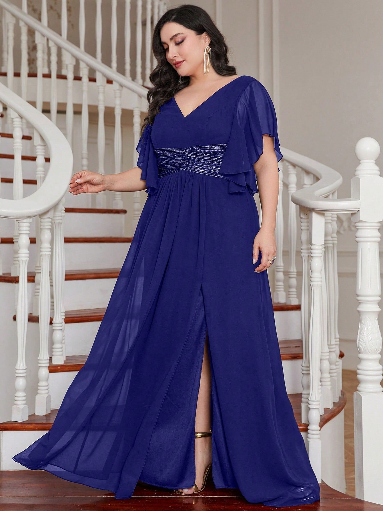LUNE Plus Contrast Sequin Butterfly Sleeve Split Thigh Chiffon Bridesmaid Dress