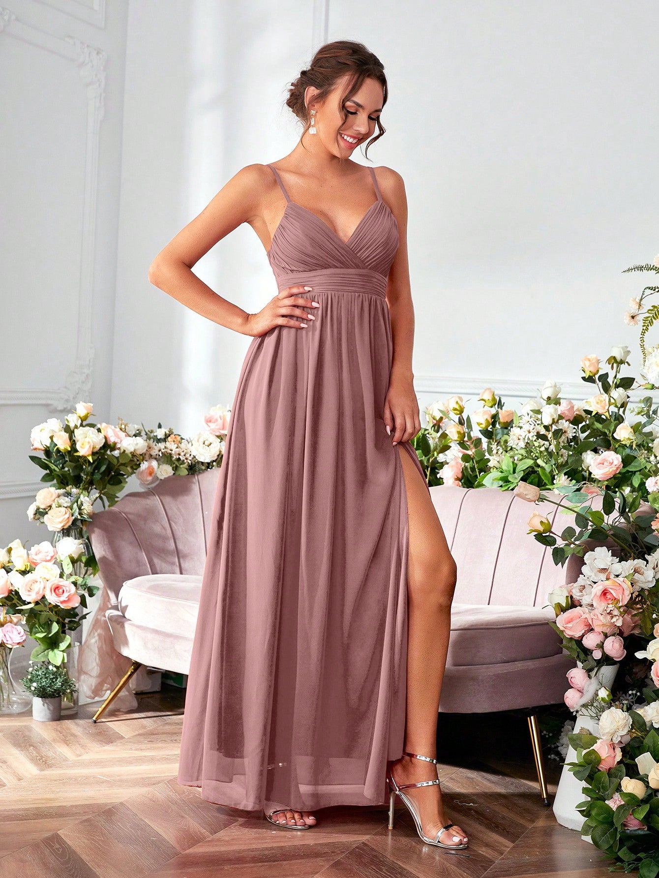 Ruched Split Thigh Chiffon Bridesmaid Dress