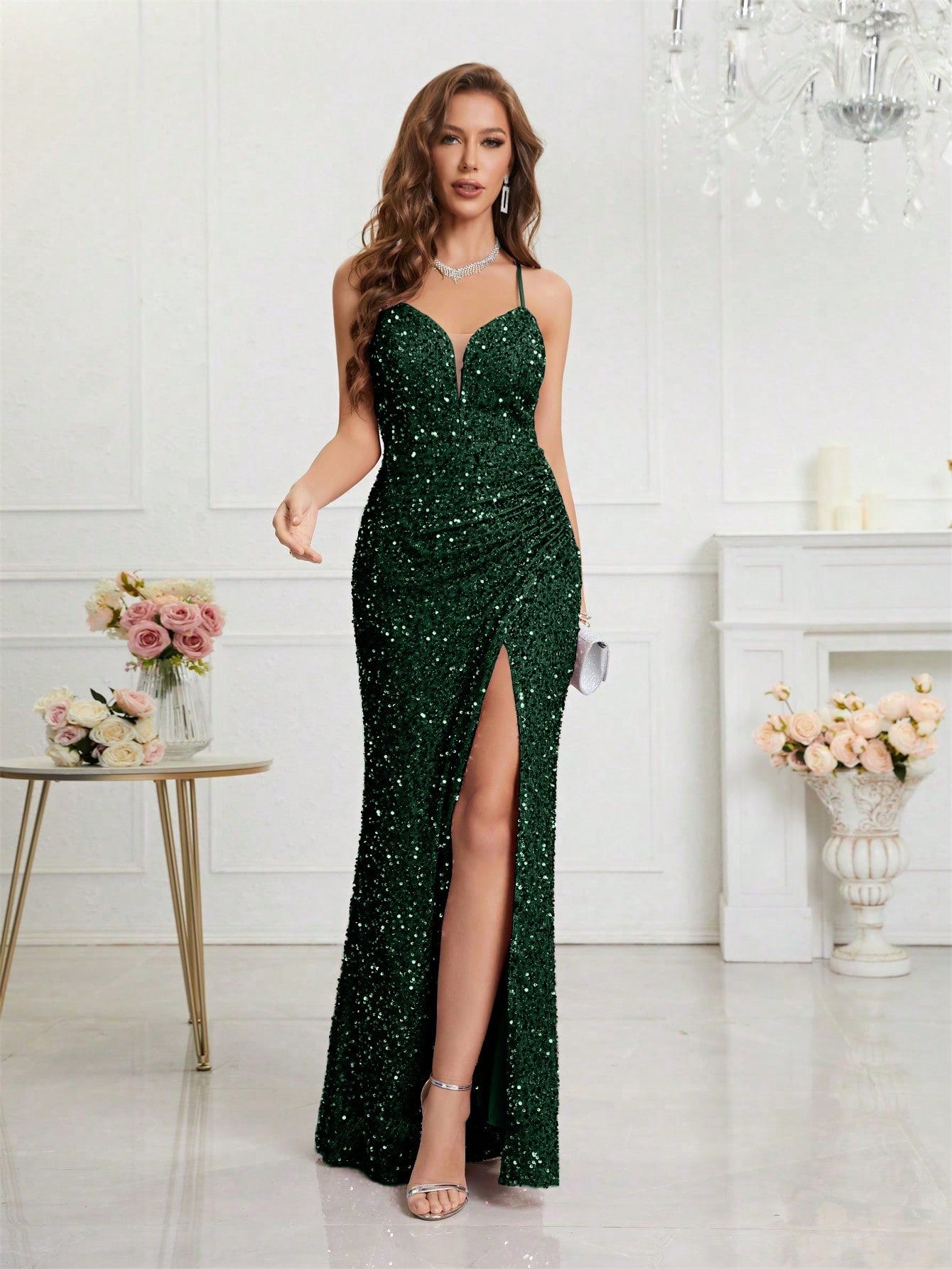 LUNE Split Thigh Sequin Formal Dress
