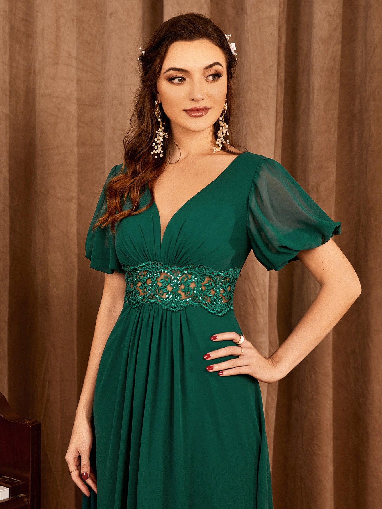 Contrast Lace Bishop Sleeve Bridesmaid Dress