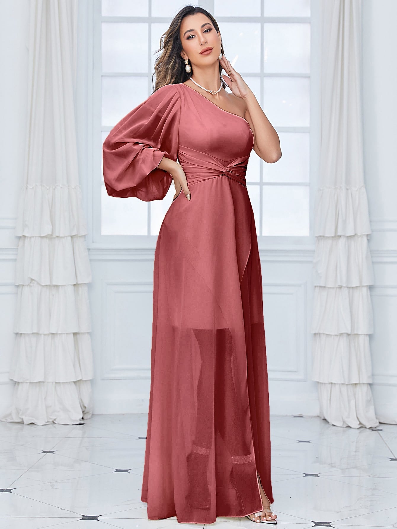One Shoulder Lantern Sleeve Twist Front Split Thigh Chiffon Bridesmaid Dress