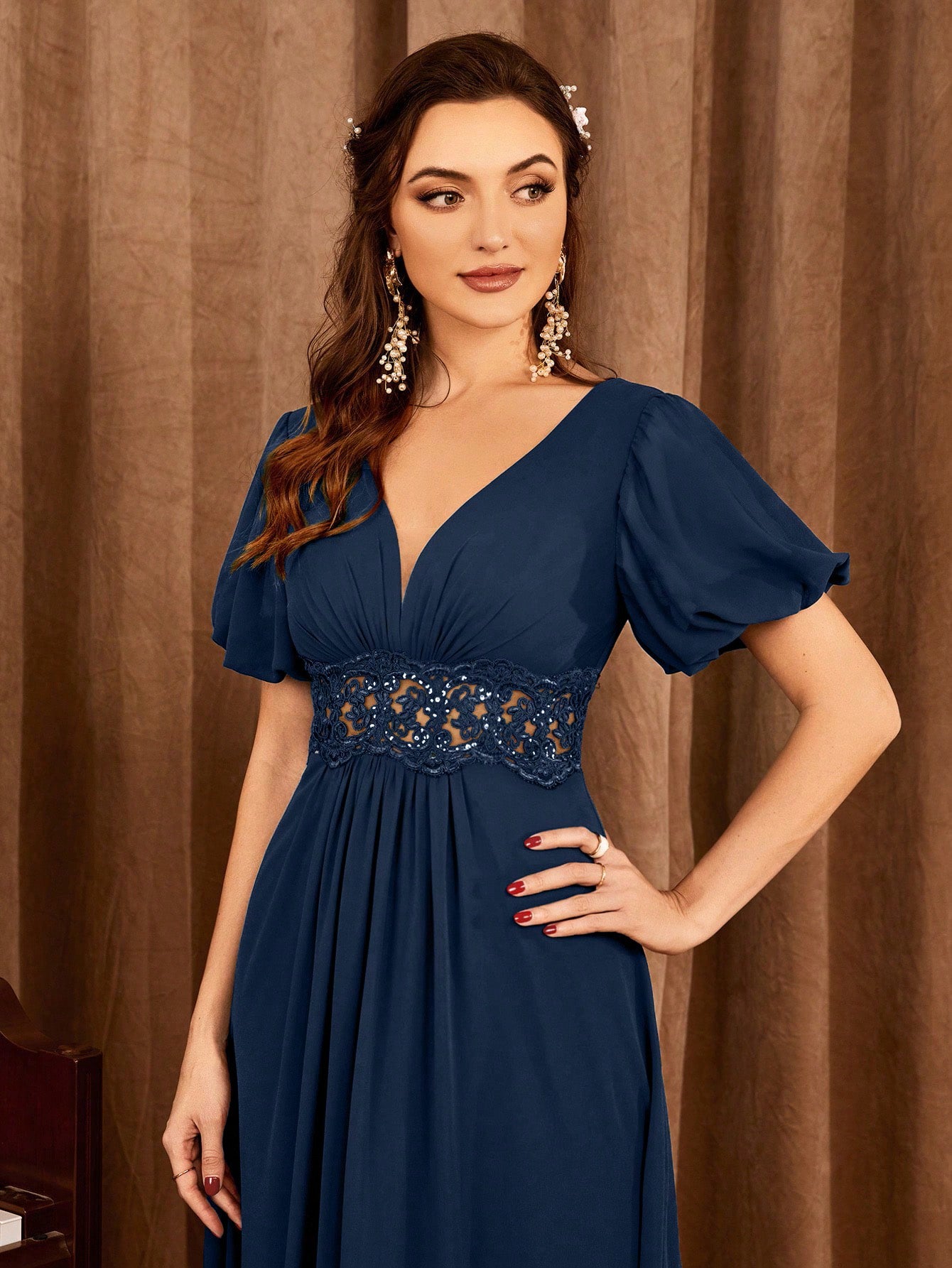 Contrast Lace Bishop Sleeve Bridesmaid Dress