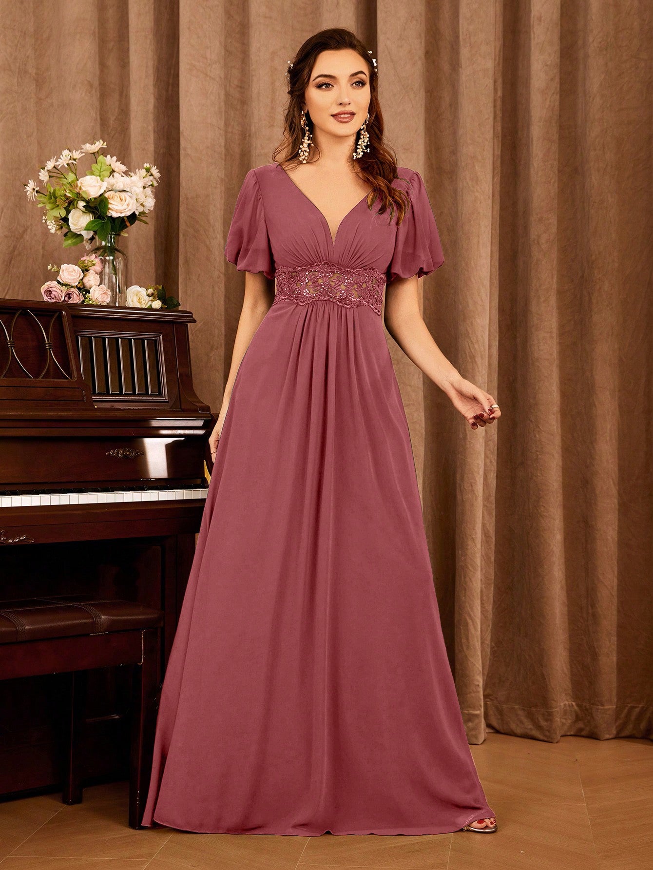 Contrast Lace Bishop Sleeve Bridesmaid Dress