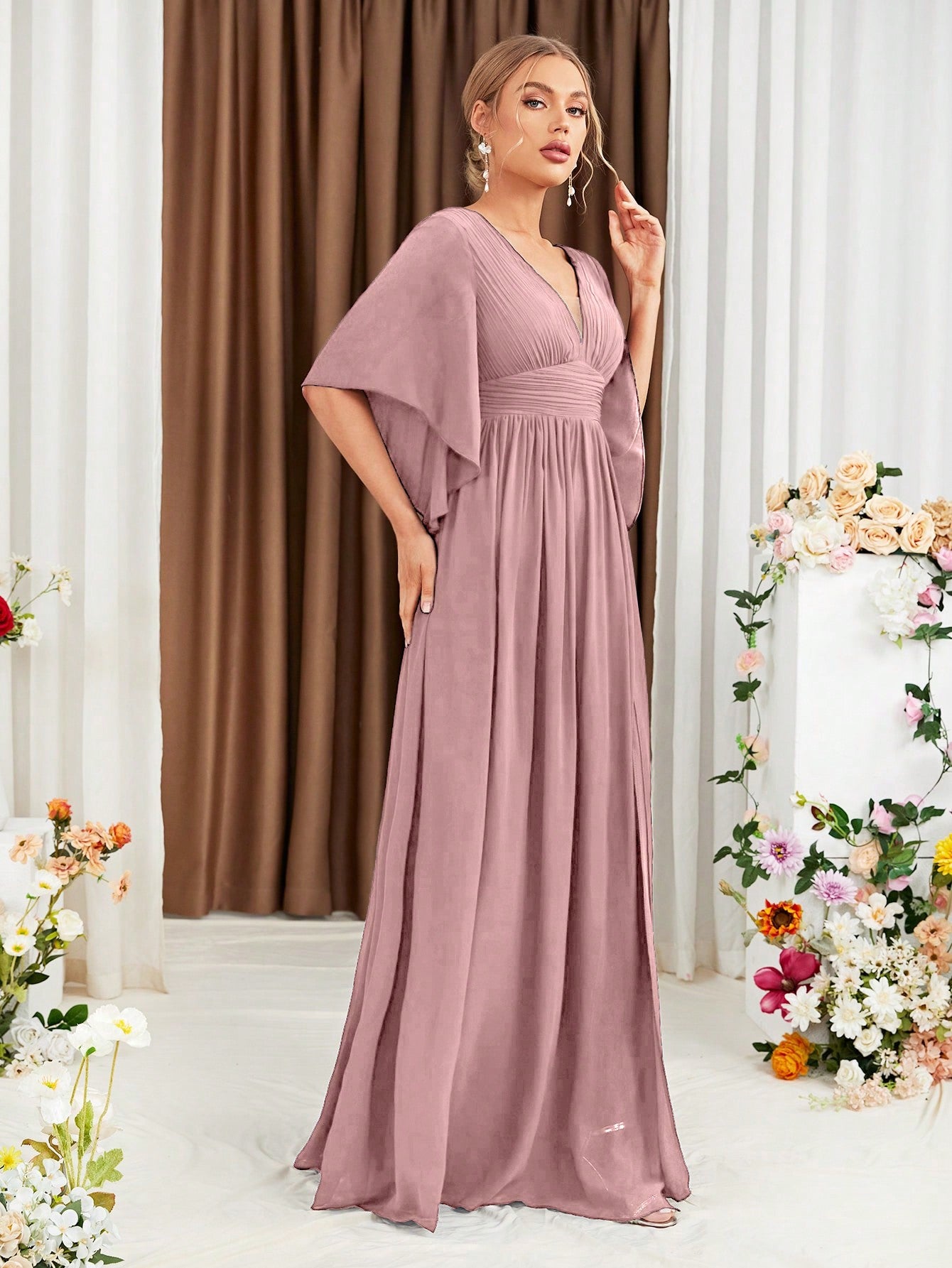 Butterfly Sleeve Popover Split Thigh Chiffon Bridesmaid Dress