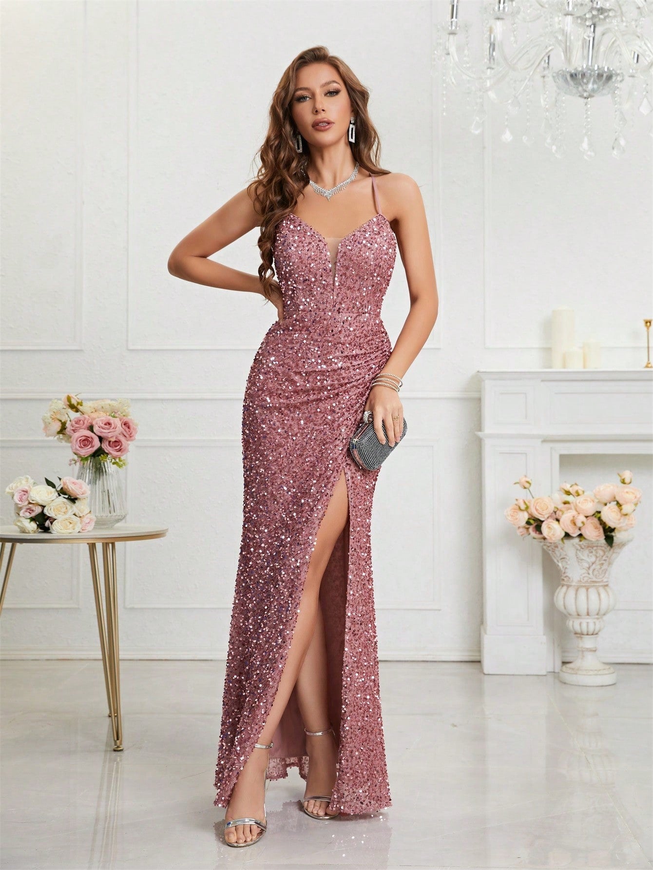 LUNE Split Thigh Sequin Formal Dress