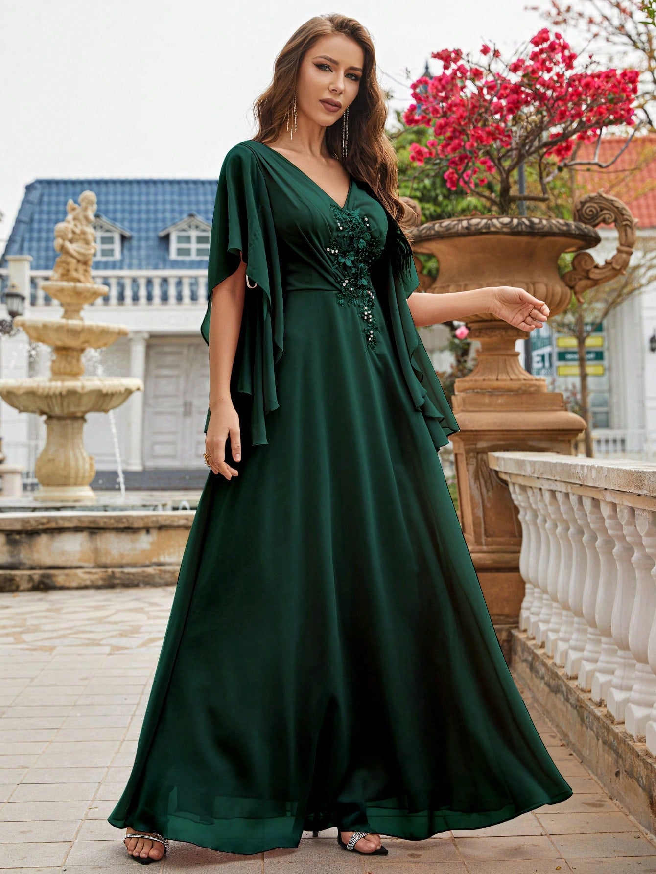 Pearls Detail Butterfly Sleeve Chiffon Bridesmaid Dress