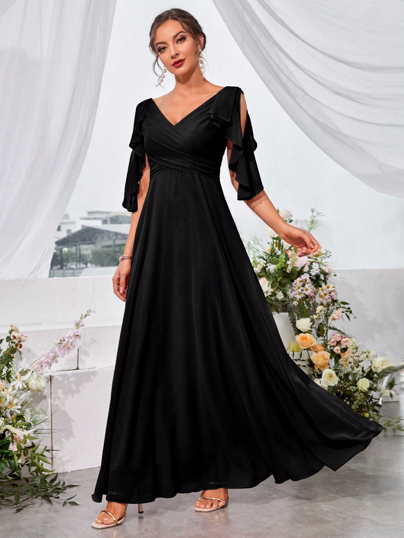 Ruffle Trim Cold Shoulder Tie Back Chiffon Maxi Bridesmaid Dress