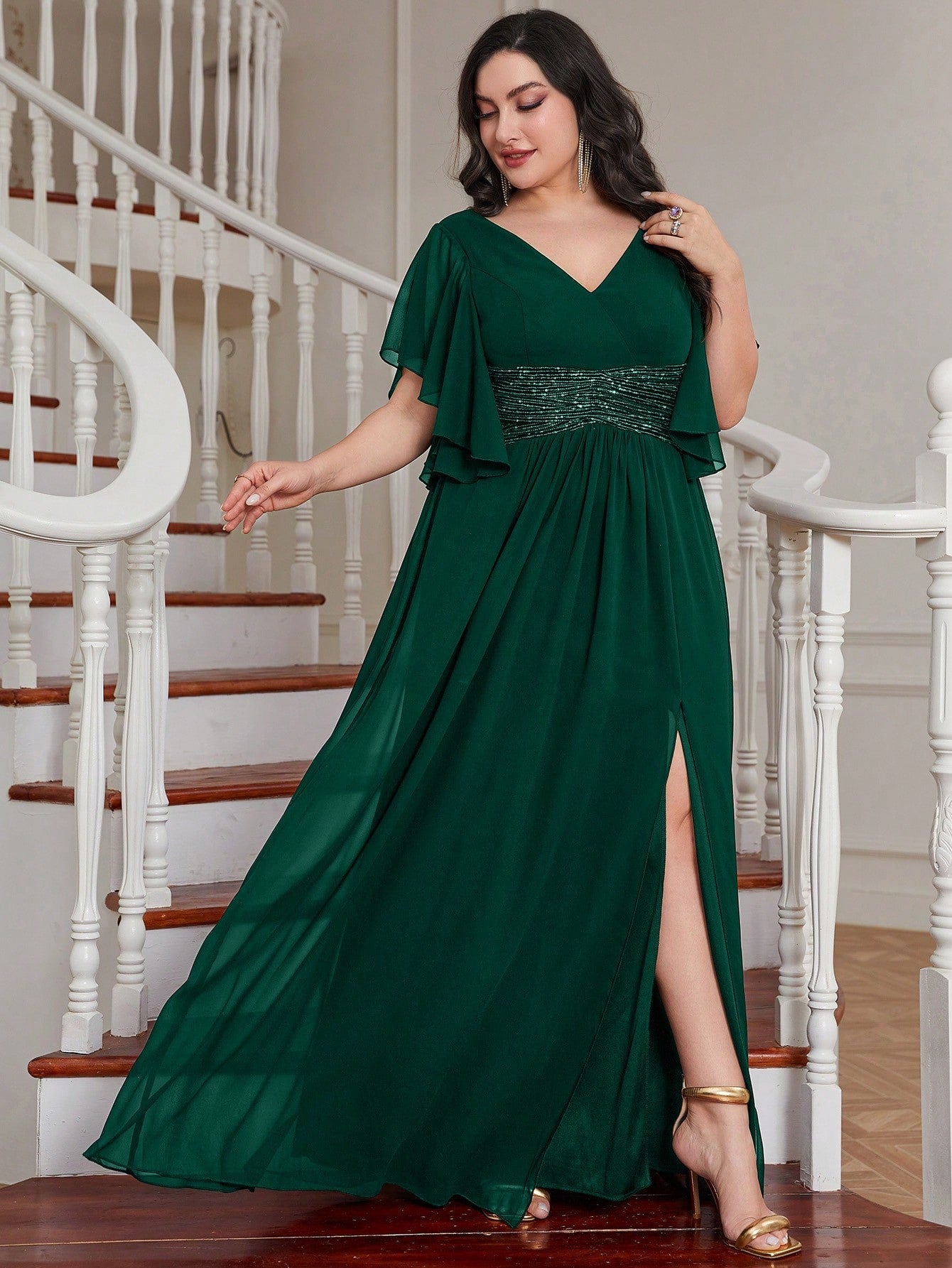 LUNE Plus Contrast Sequin Butterfly Sleeve Split Thigh Chiffon Bridesmaid Dress