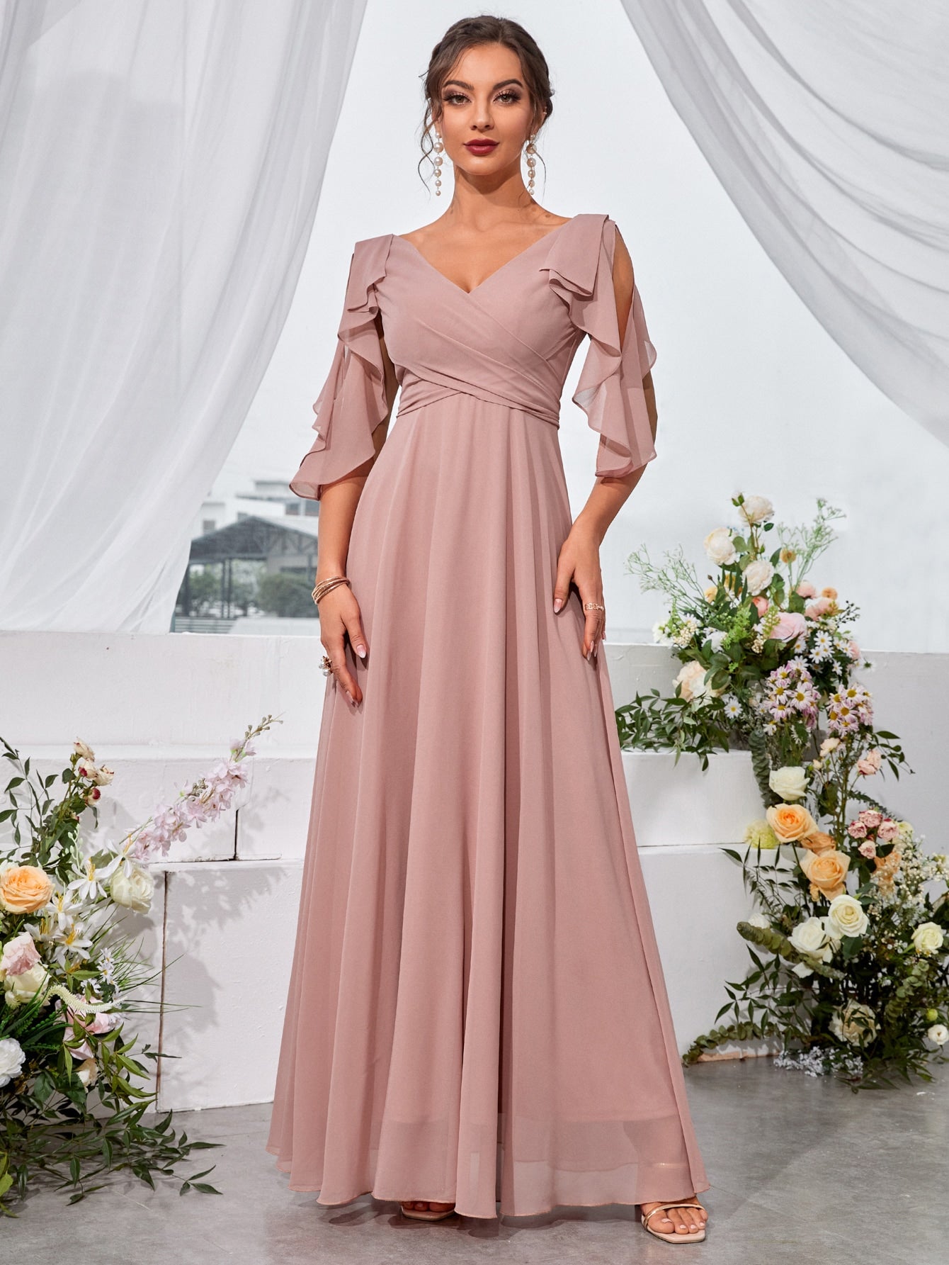 Ruffle Trim Cold Shoulder Tie Back Chiffon Maxi Bridesmaid Dress