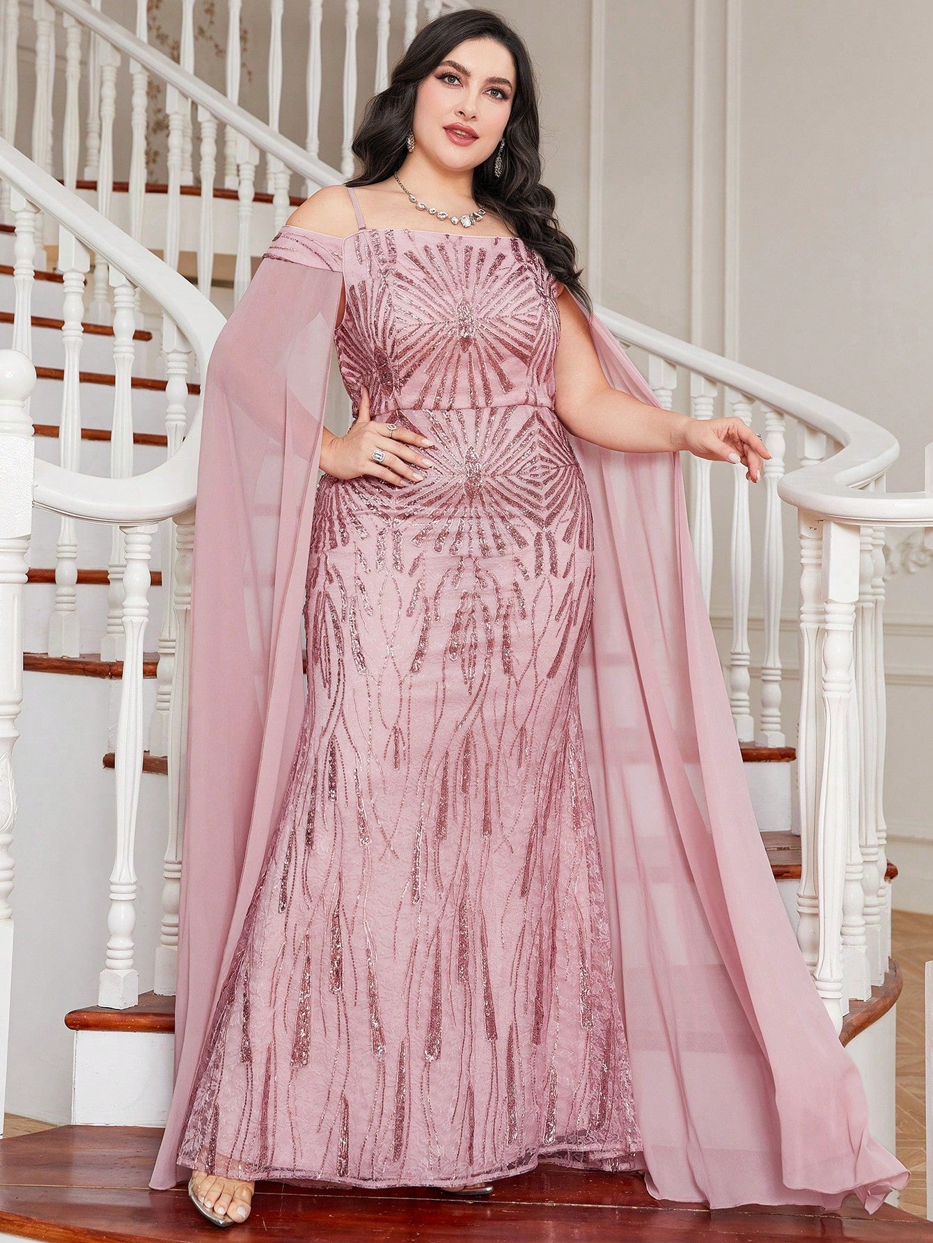Plus Contrast Mesh Sequin Formal Dress