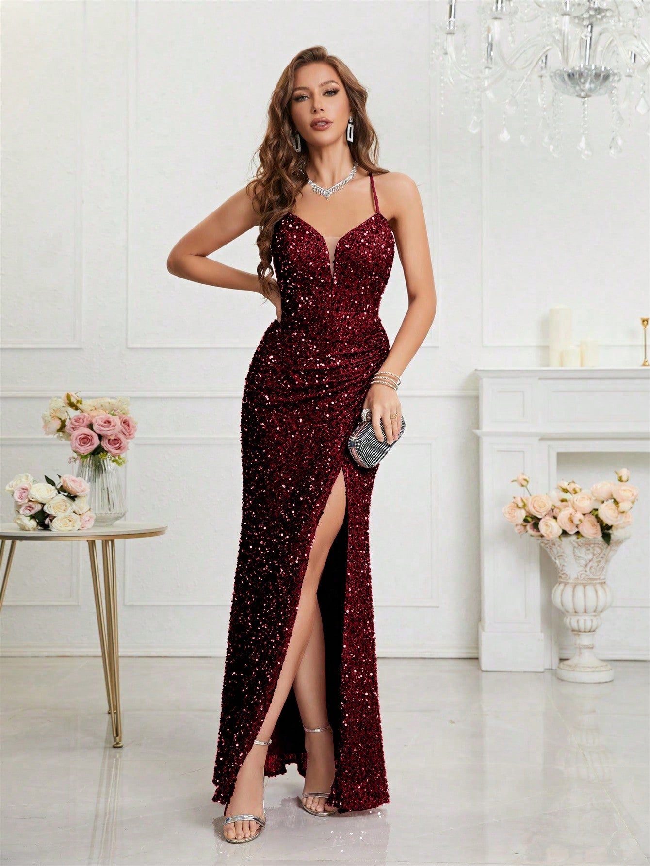 LUNE Split Thigh Sequin Formal Dress