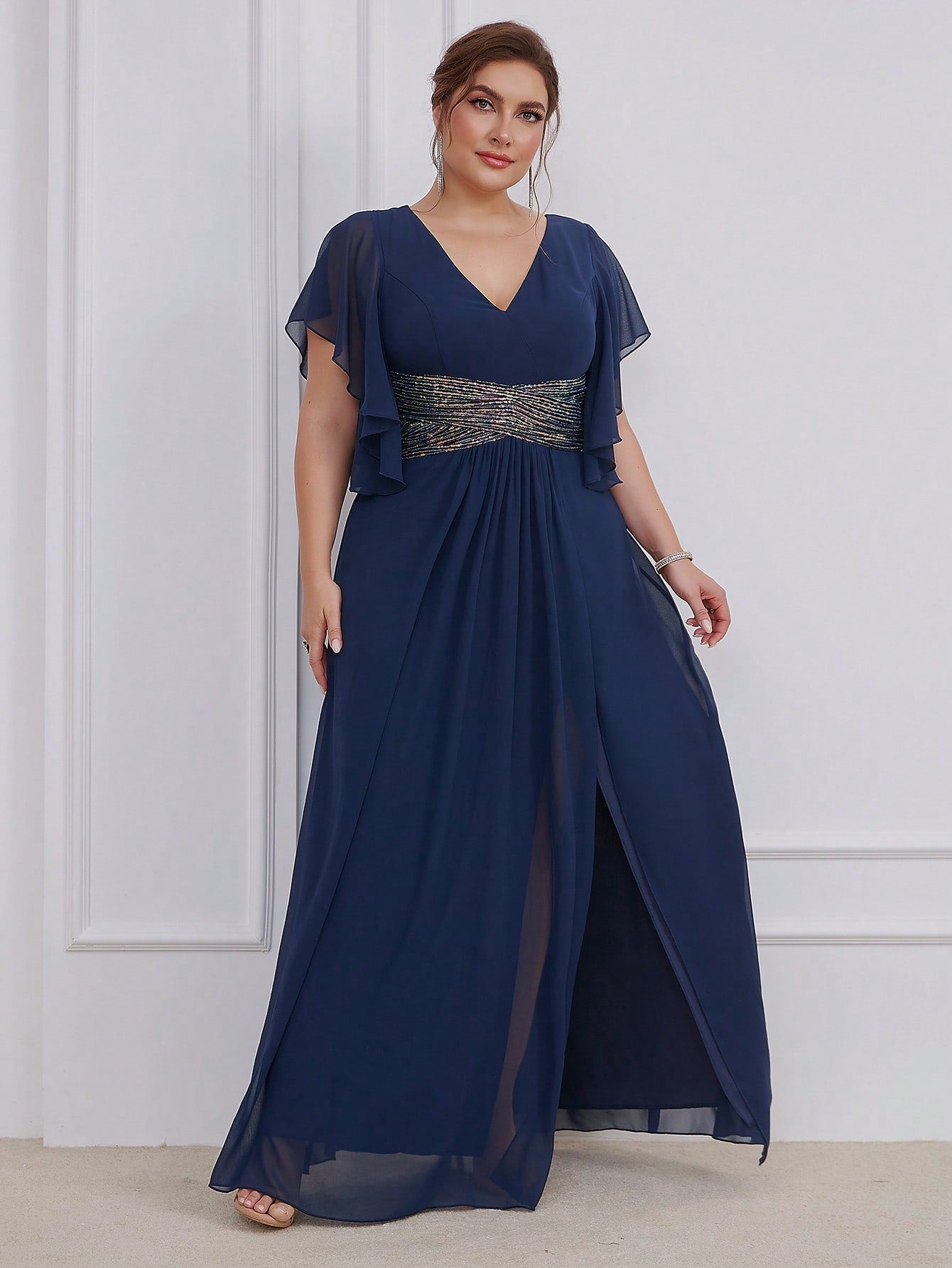 LUNE Plus Contrast Sequin Butterfly Sleeve Split Thigh Chiffon Bridesmaid Dress