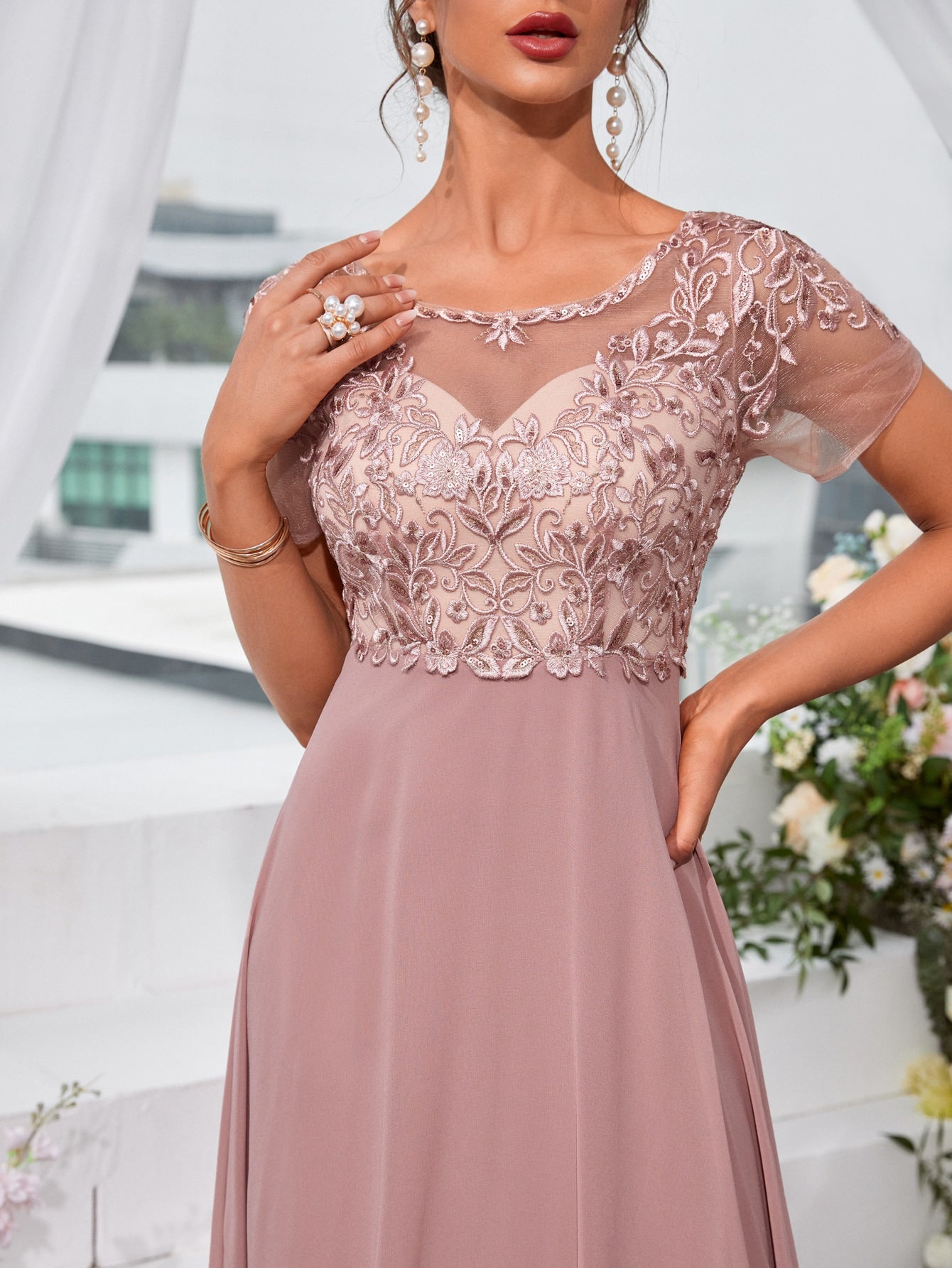 Floral Embroidery Chiffon Bridesmaid Dress