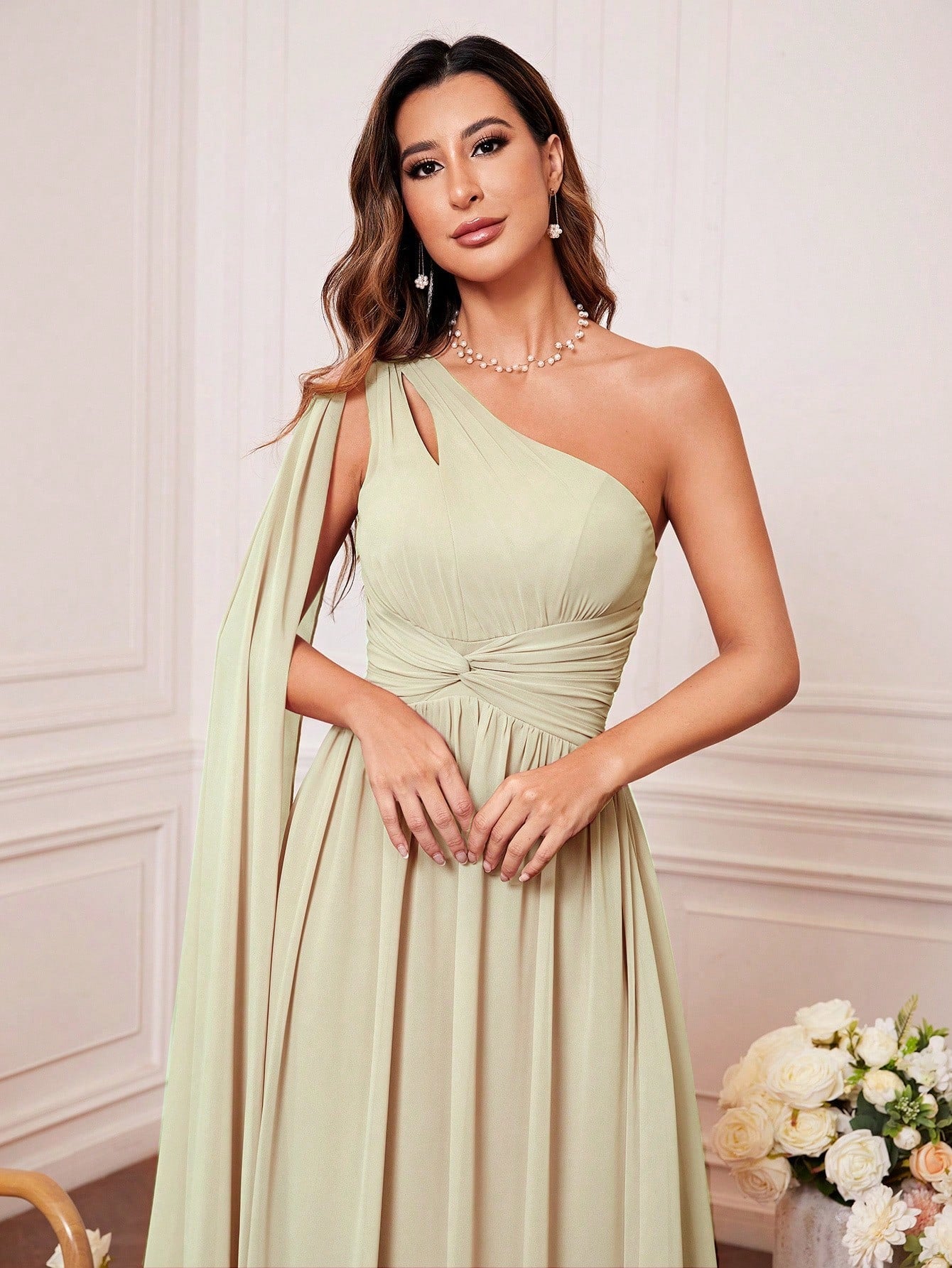 One Shoulder Cut Out Twist Front Bridesmaid Dress
