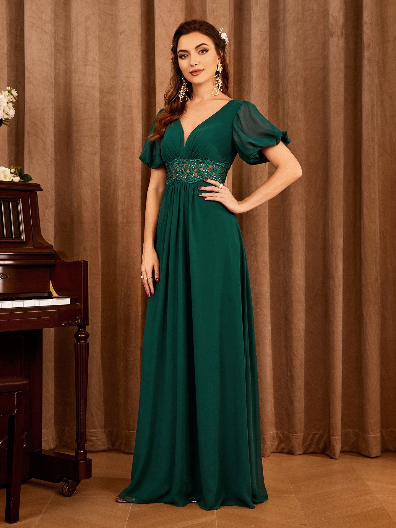 Contrast Lace Bishop Sleeve Bridesmaid Dress