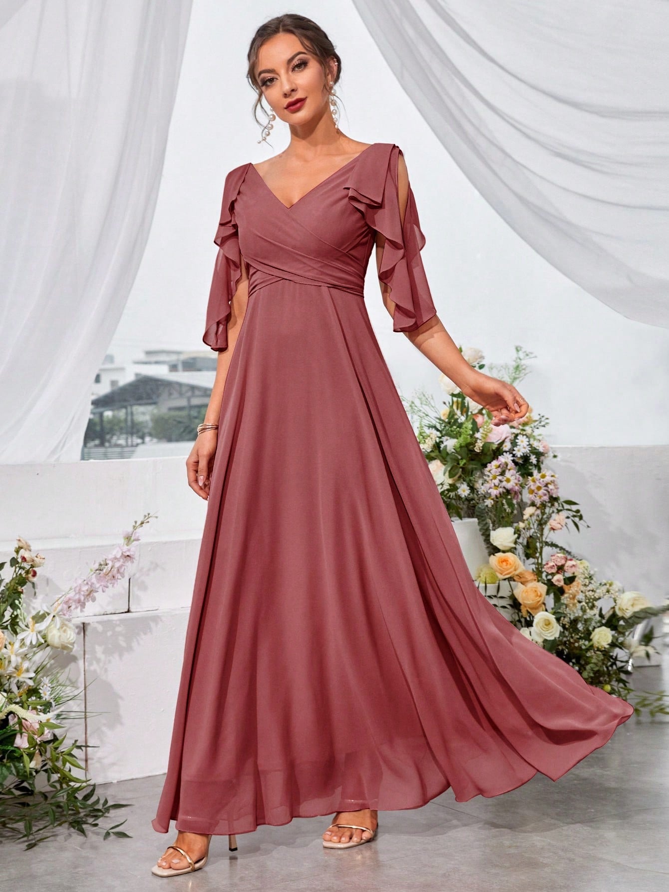 Ruffle Trim Cold Shoulder Tie Back Chiffon Maxi Bridesmaid Dress