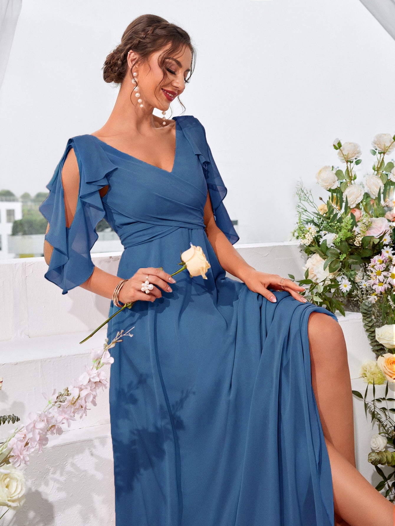 Ruffle Trim Cold Shoulder Tie Back Chiffon Maxi Bridesmaid Dress