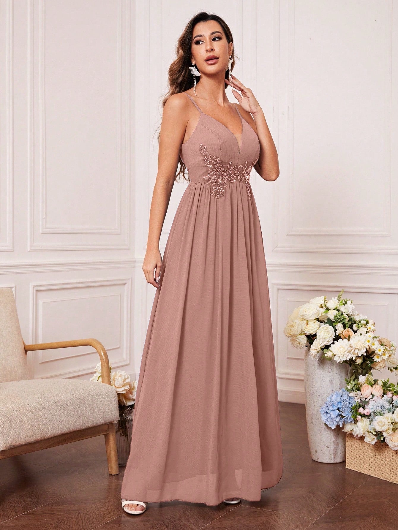 Solid Rhinestone Detail Split Thigh Chiffon Bridesmaid Dress