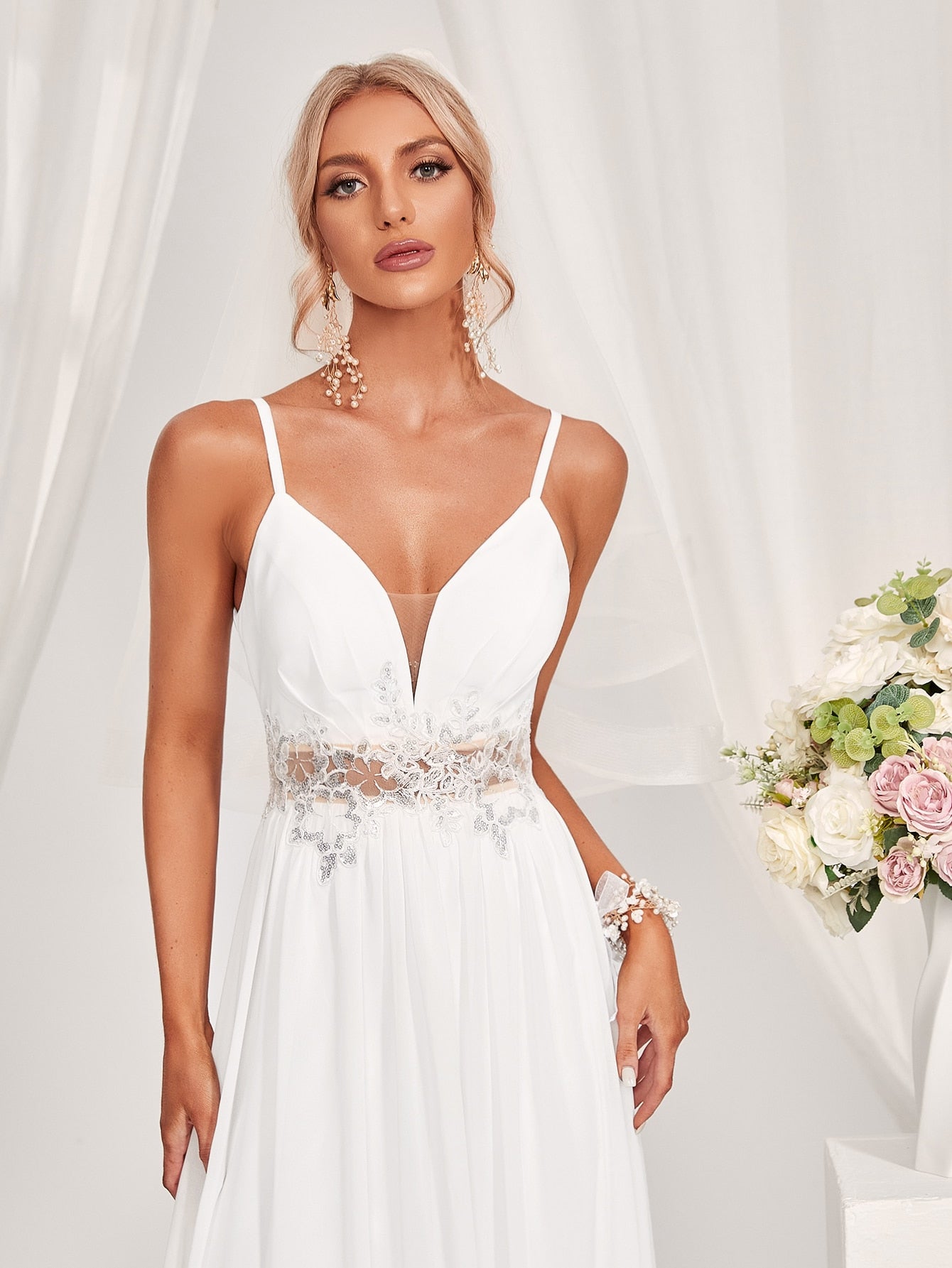 Contrast Lace Zipper Back Cami Wedding Dress