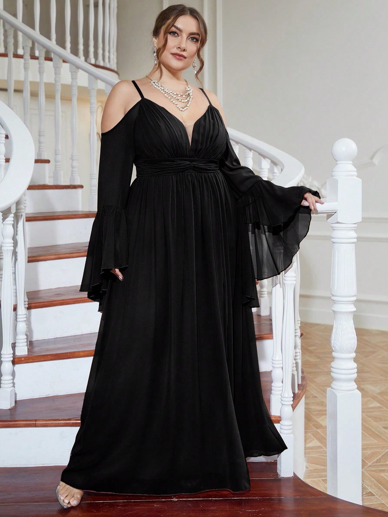 Plus Cold Shoulder Split Thigh Chiffon Dress