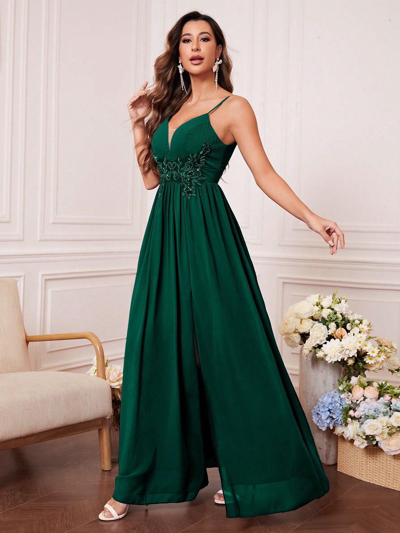 Solid Rhinestone Detail Split Thigh Chiffon Bridesmaid Dress
