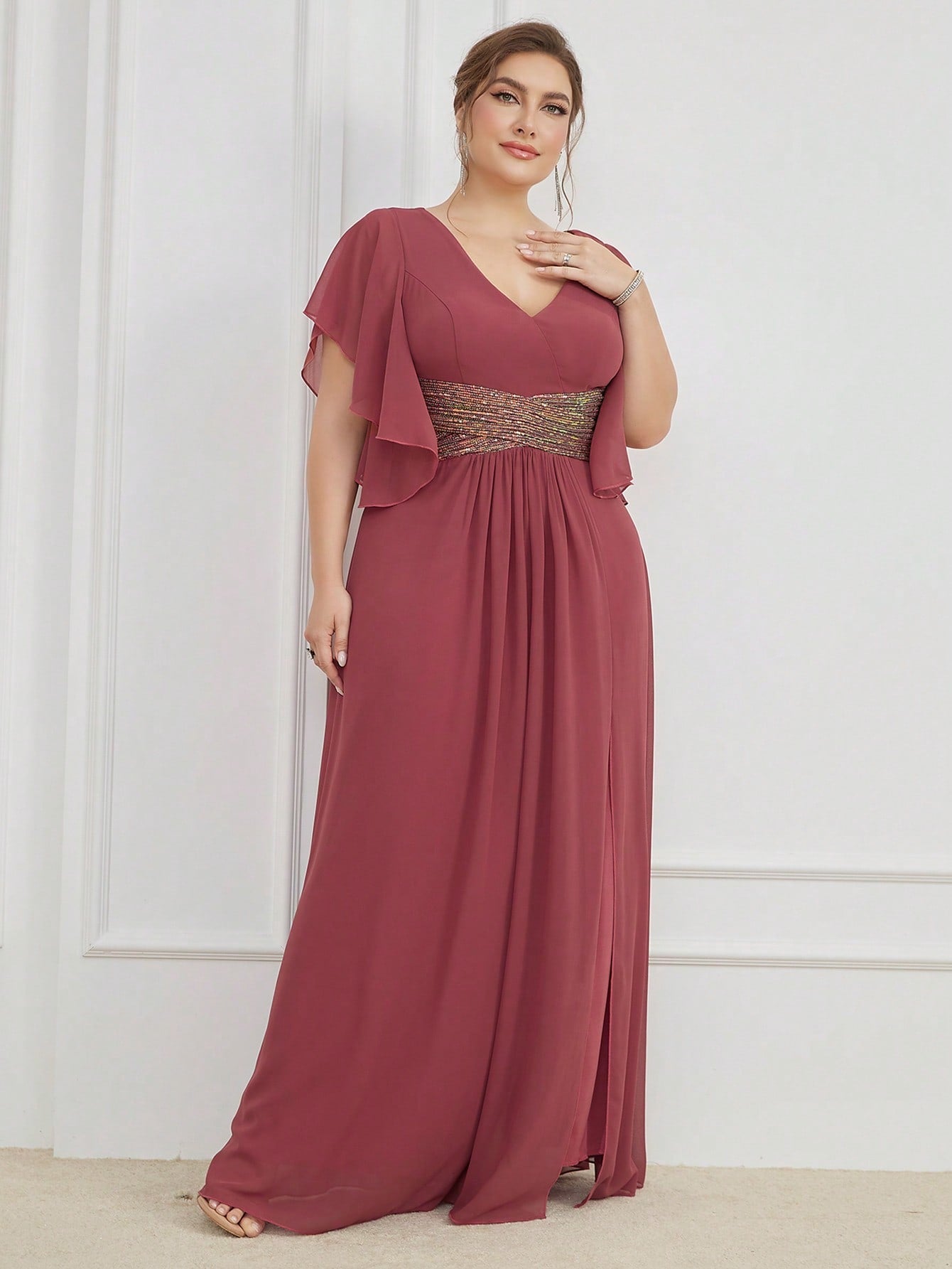 LUNE Plus Contrast Sequin Butterfly Sleeve Split Thigh Chiffon Bridesmaid Dress