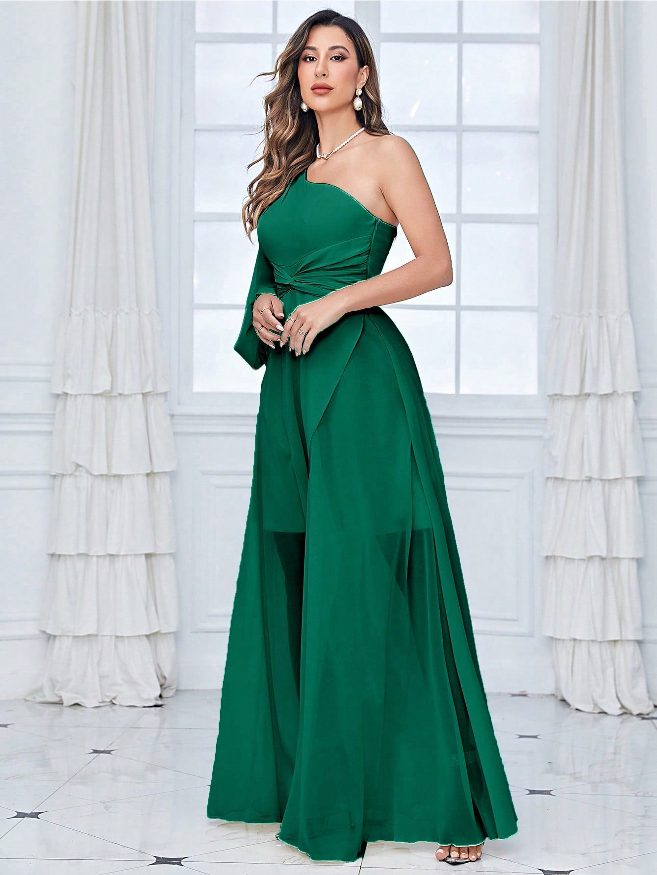 One Shoulder Lantern Sleeve Twist Front Split Thigh Chiffon Bridesmaid Dress